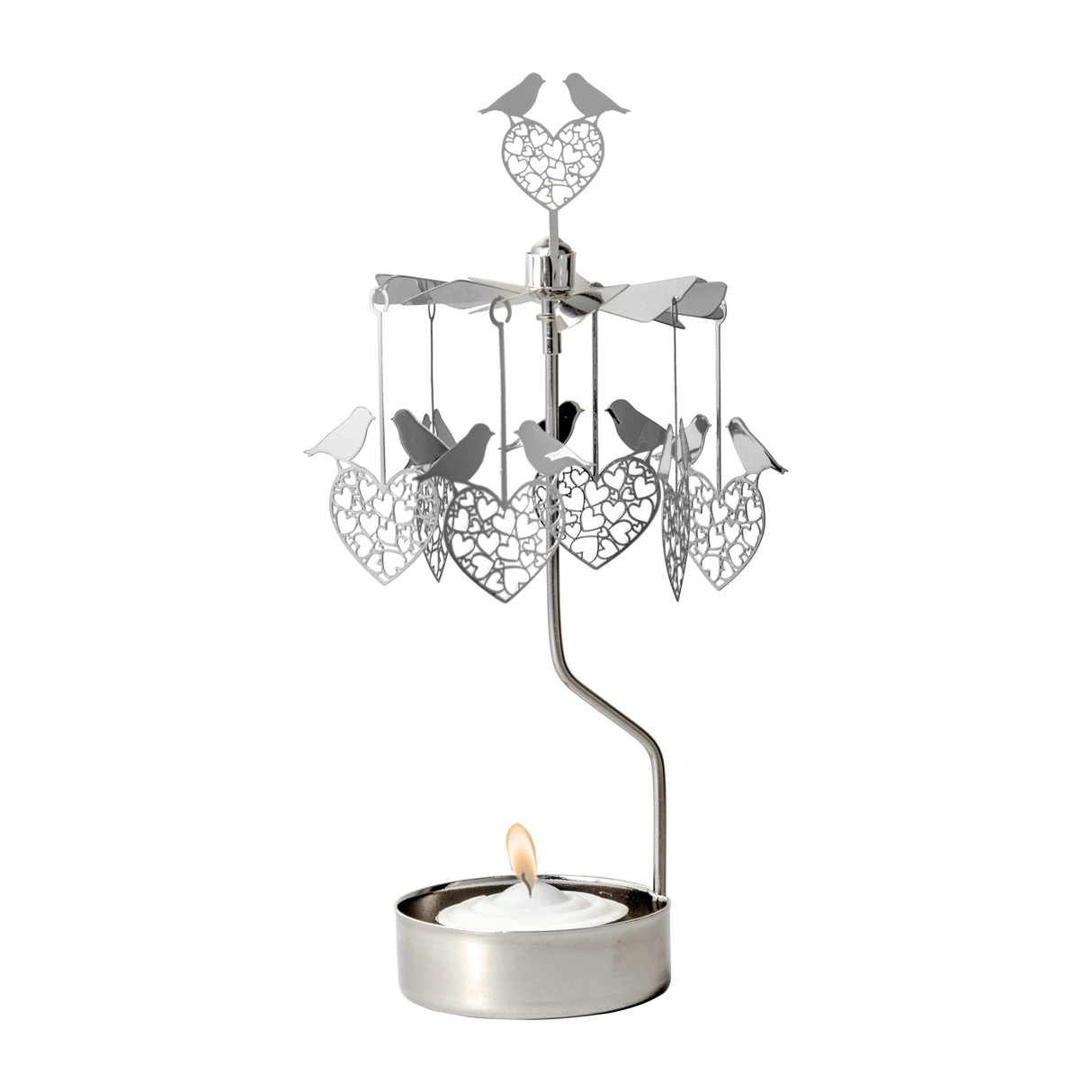 The Candle Holder: Love Birds Pluto Design Bird Heart "Love Birds" is a metal rotary candle holder with a carousel featuring bird heart ornaments, perfect for displaying your favorite tea light.