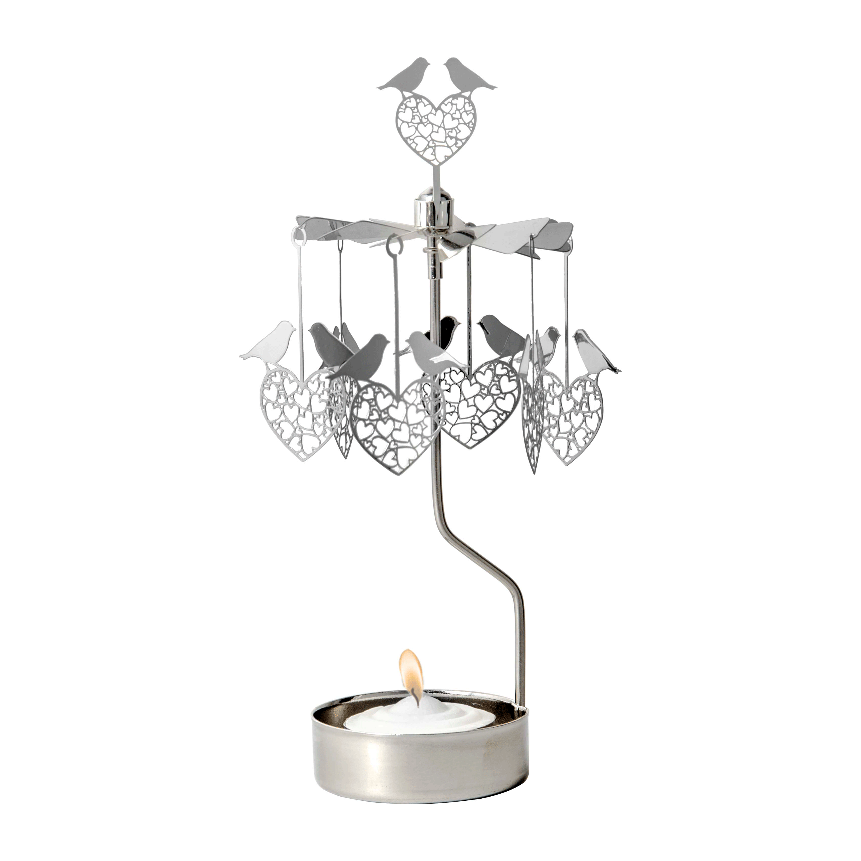 The Candle Holder: Love Birds Pluto Design Bird Heart "Love Birds" is a metal rotary candle holder with a carousel featuring bird heart ornaments, perfect for displaying your favorite tea light.