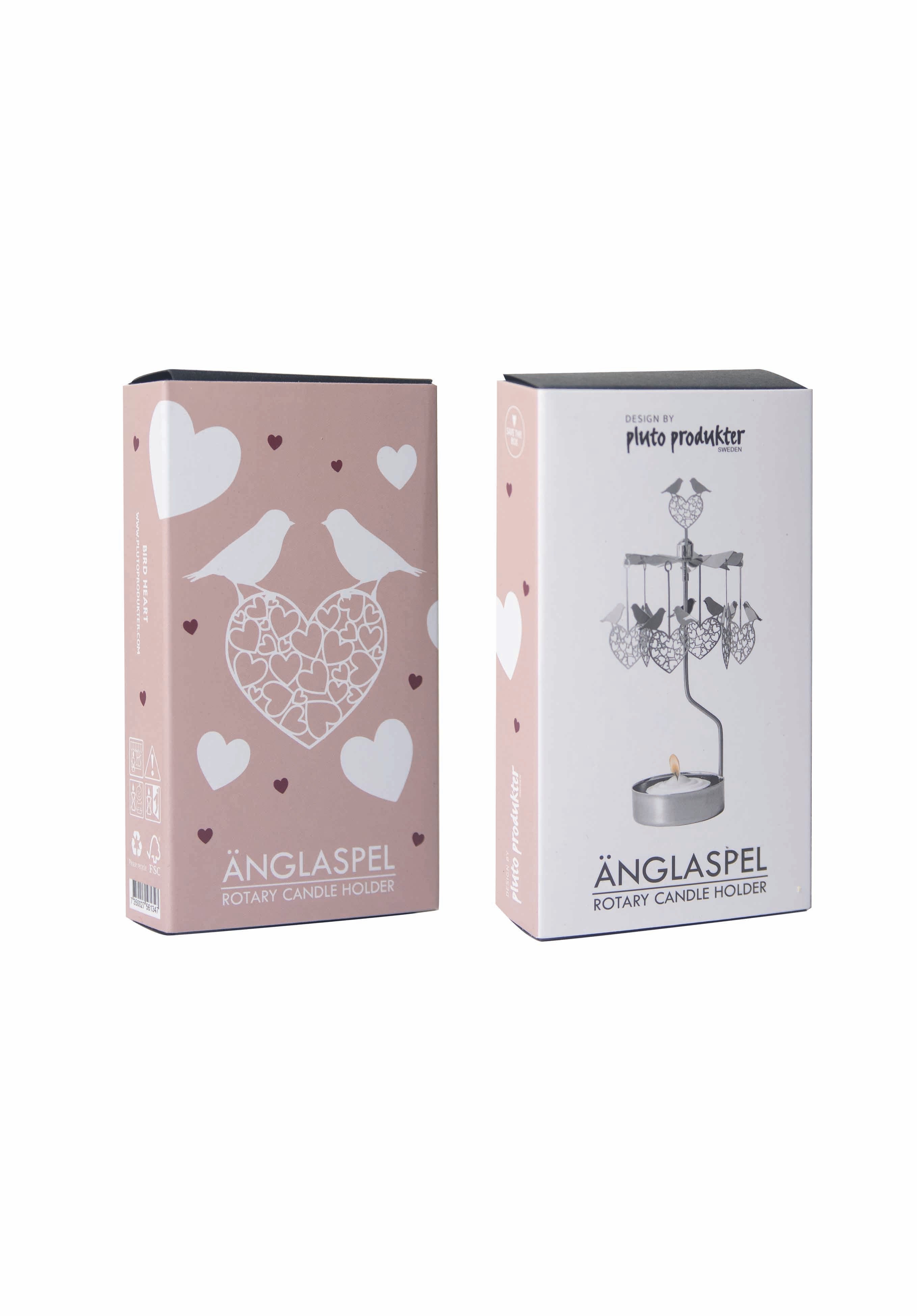 Two pink and white boxes for the Candle Holder: Love Birds Pluto Design Bird Heart "Love Birds," with charming bird heart art on one side and a product image featuring a tea light candle on the other.