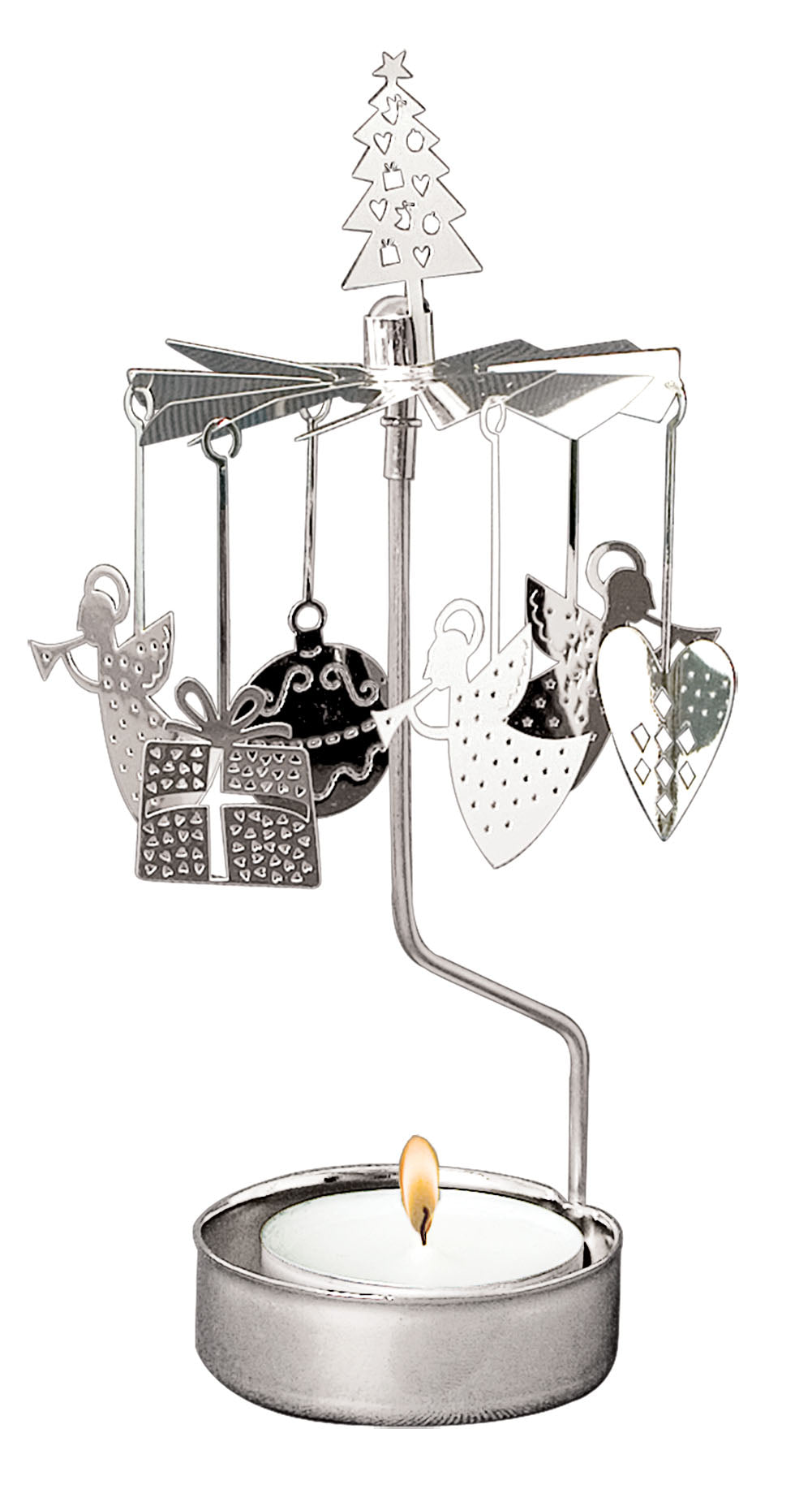 The Christmas Medley Silver Rotary Candle Holder by Pluto Design Sweden features a lit tealight at the base and hanging ornaments—angels, a heart, a gift, and a tree—offering a charming nod to classic angel chimes.