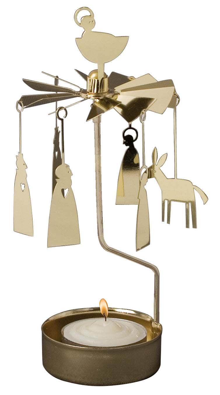 The Pluto Design Angel Chime Crib - Nativity Manger Scene Rotary Gold candle holder elegantly spins above a lit tealight in a Scandinavian style, featuring hanging figures reminiscent of an Angel Chime Crib.