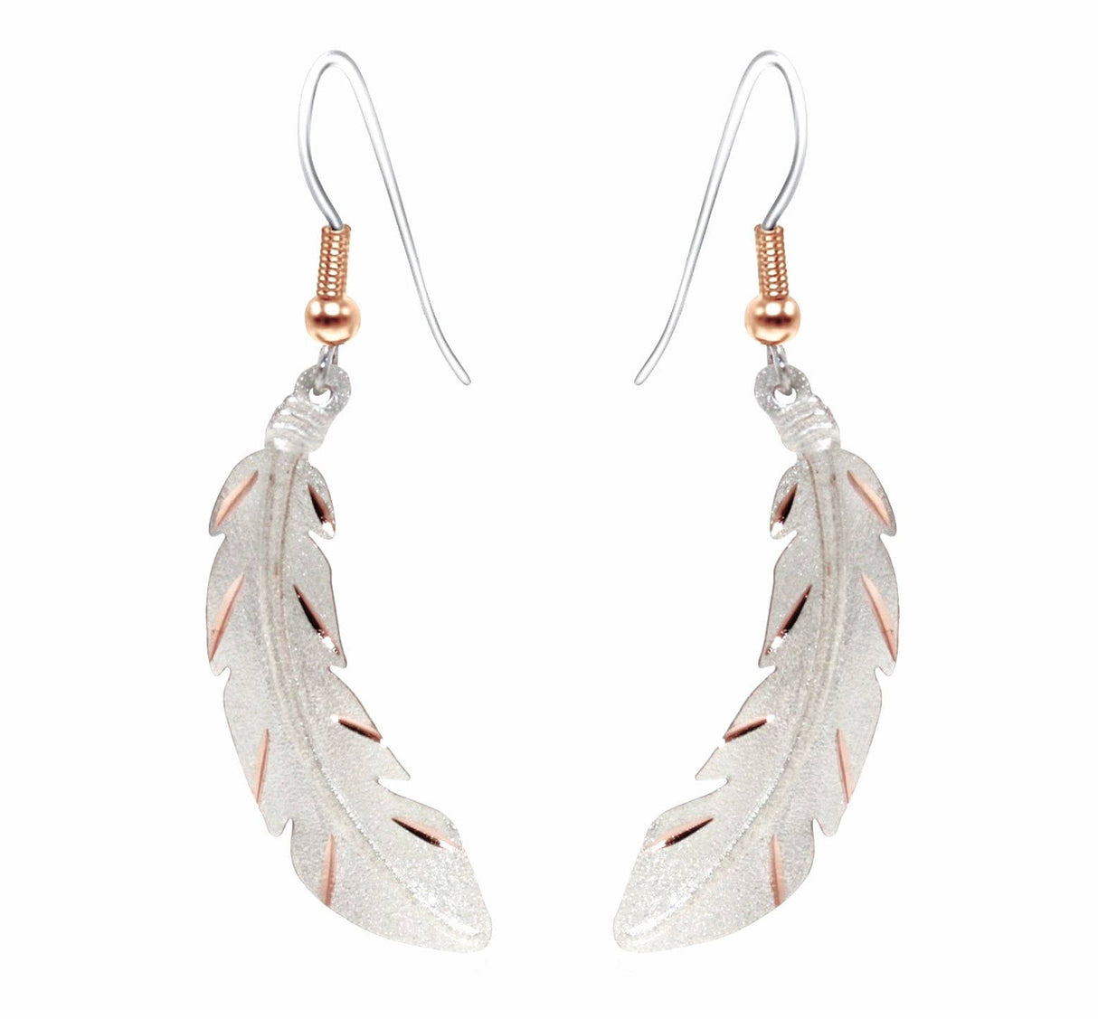 The Copper Feather Silver Plated Textured Earrings feature a metallic finish, hook fastenings, and gold accents—perfect handmade earrings to add a unique touch to any look.