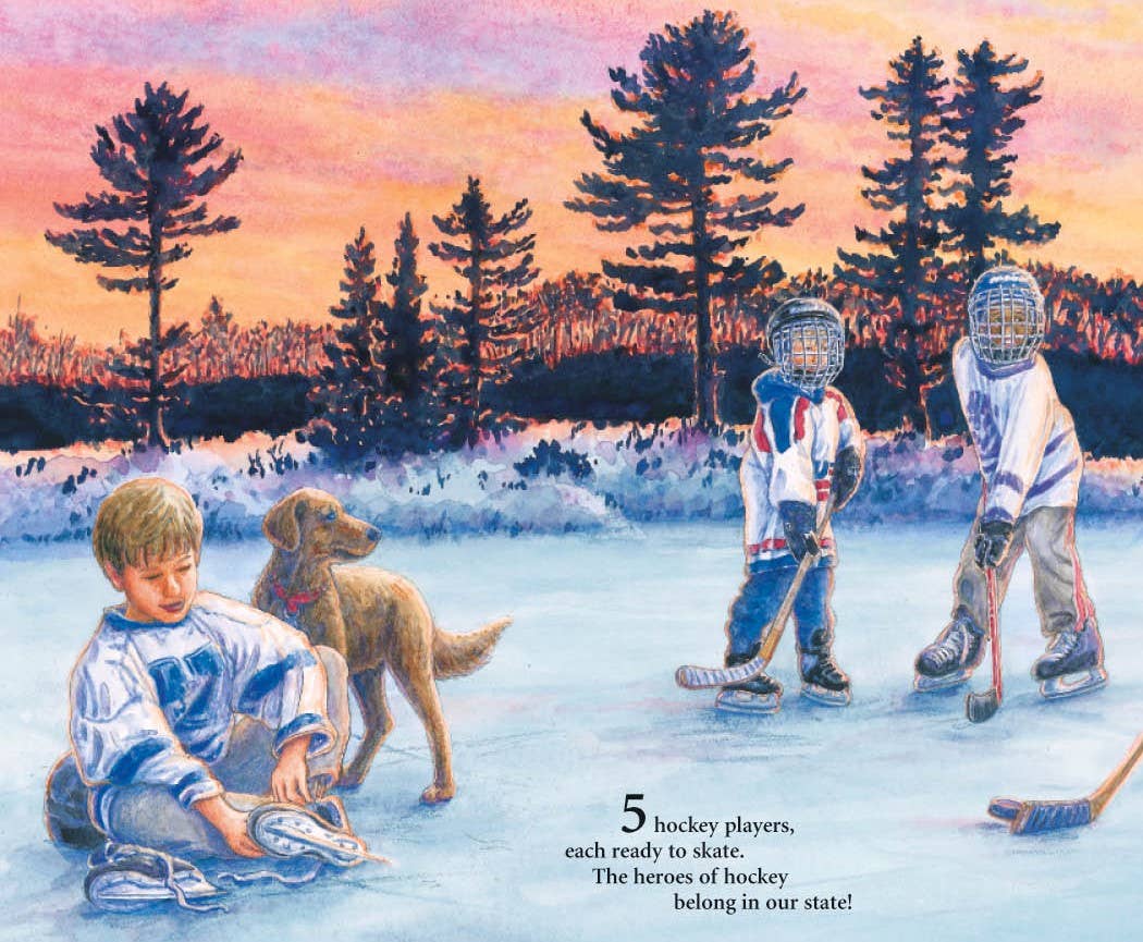 Five children in hockey gear and a dog glide across a frozen Minnesota pond at sunset, depicted beautifully in "North Star Numbers: A Minnesota Number Book," surrounded by the state's rich natural resources and towering trees.