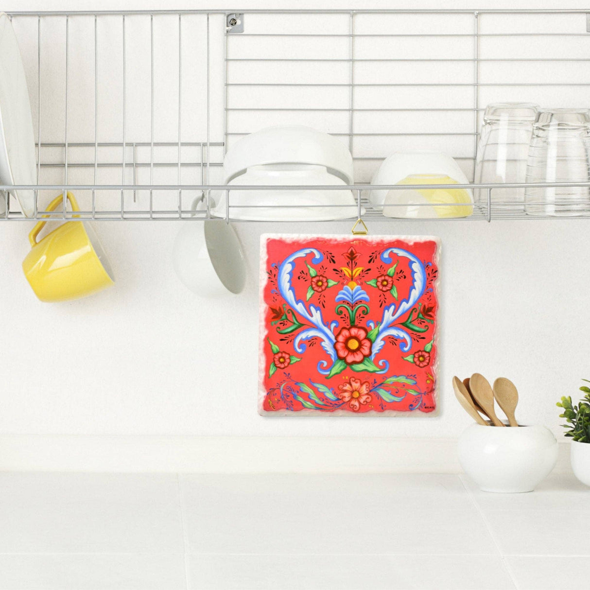 Tile: Red Norwegian Rosemaling Ceramic Deluxe Plaque with Beveled Edges Cork Backing & Brass Hanger 6.25" Square Tile