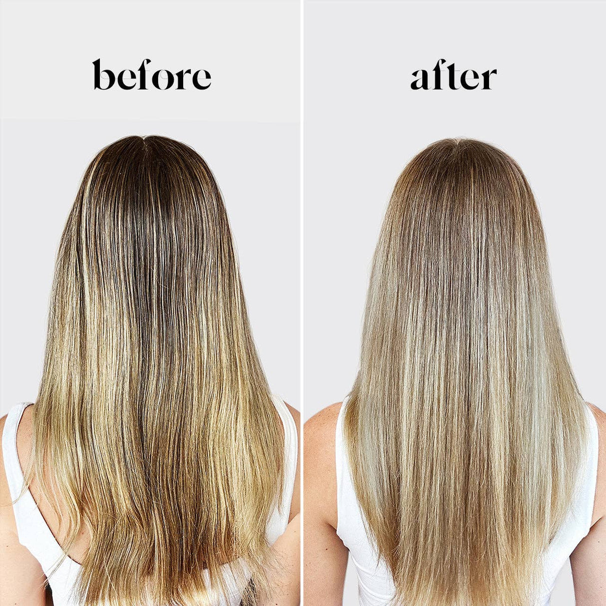 Side-by-side comparison of a woman’s long, color-treated hair before and after using Kitsch Hair: Purple Toning Shampoo & Conditioner Bar Combo (2 x 2.7 oz), showing smoother, lighter hair in the after image.