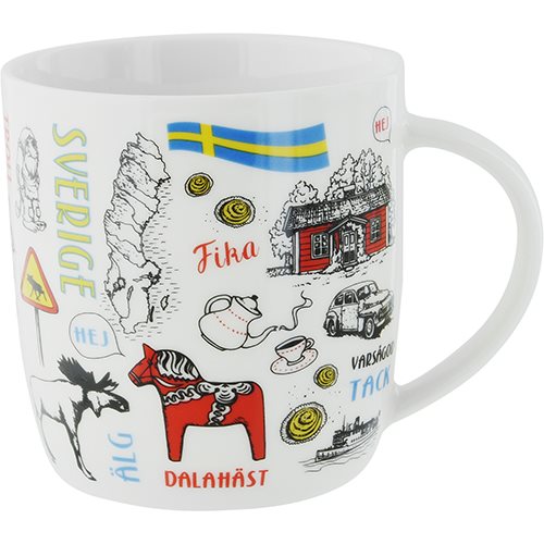 Showcase your love for Sweden with the 12oz Mug: Swedish Symbols Coffee Mug, featuring colorful Dala Horse, flag, cottage, moose, teapot & more. "Sweden" is written on the handle for an extra special touch.