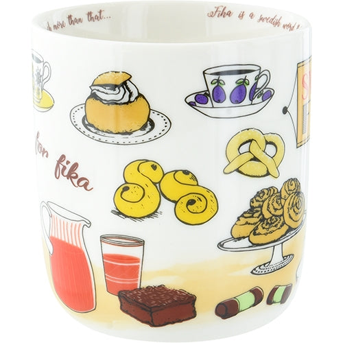 The "Swedish Fika" Mug (12oz), imported from Sweden, boasts delightful illustrations of pastries and drinks that echo a traditional Swedish Fika, with designs of a cinnamon roll, pretzel, and charming cups.