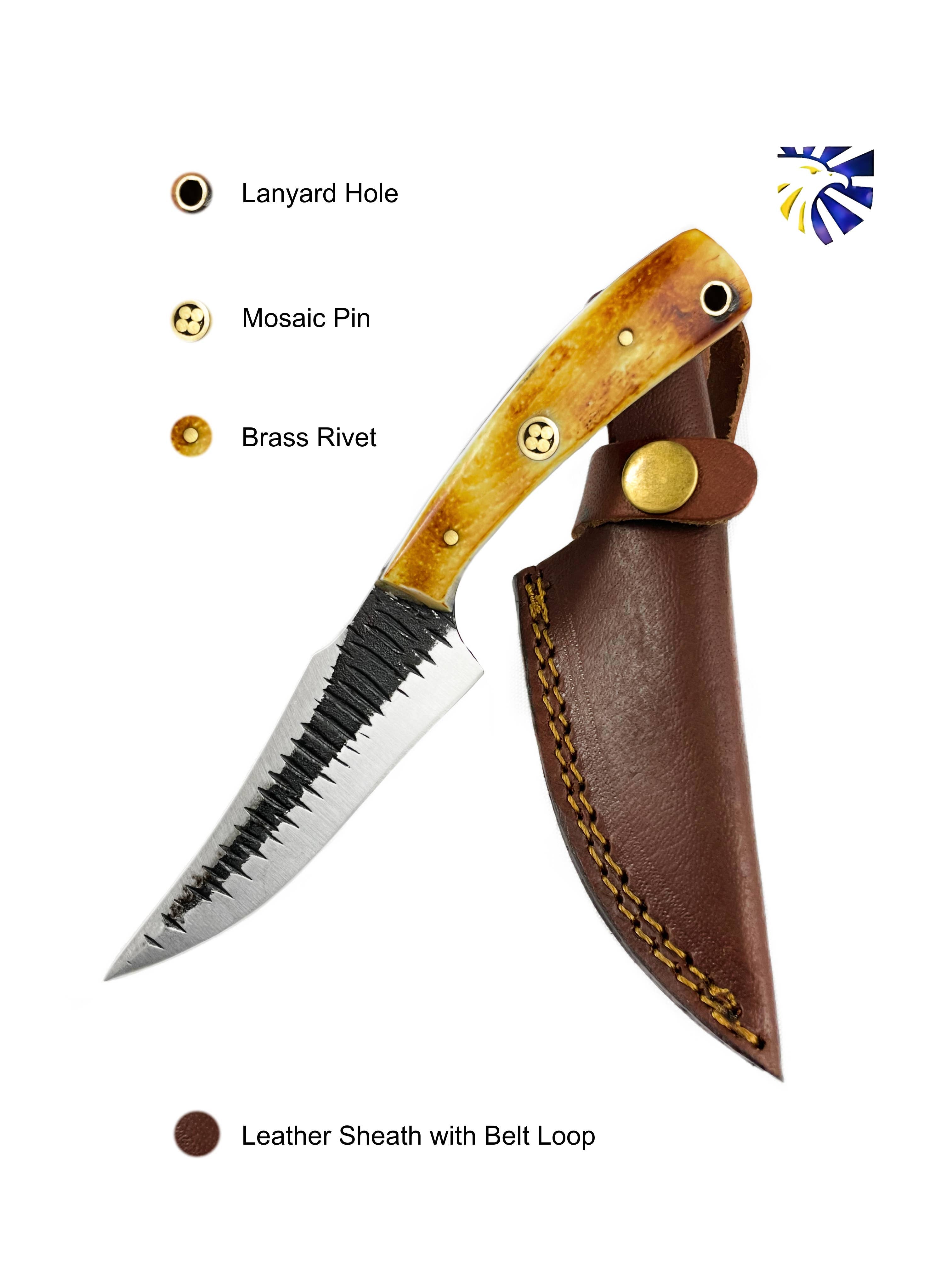 The Knife: Carbon Skinning/ Hunting Knife features high carbon steel, a serrated edge, brass rivet, mosaic pin, lanyard hole, and comes with a brown leather sheath with belt loop.