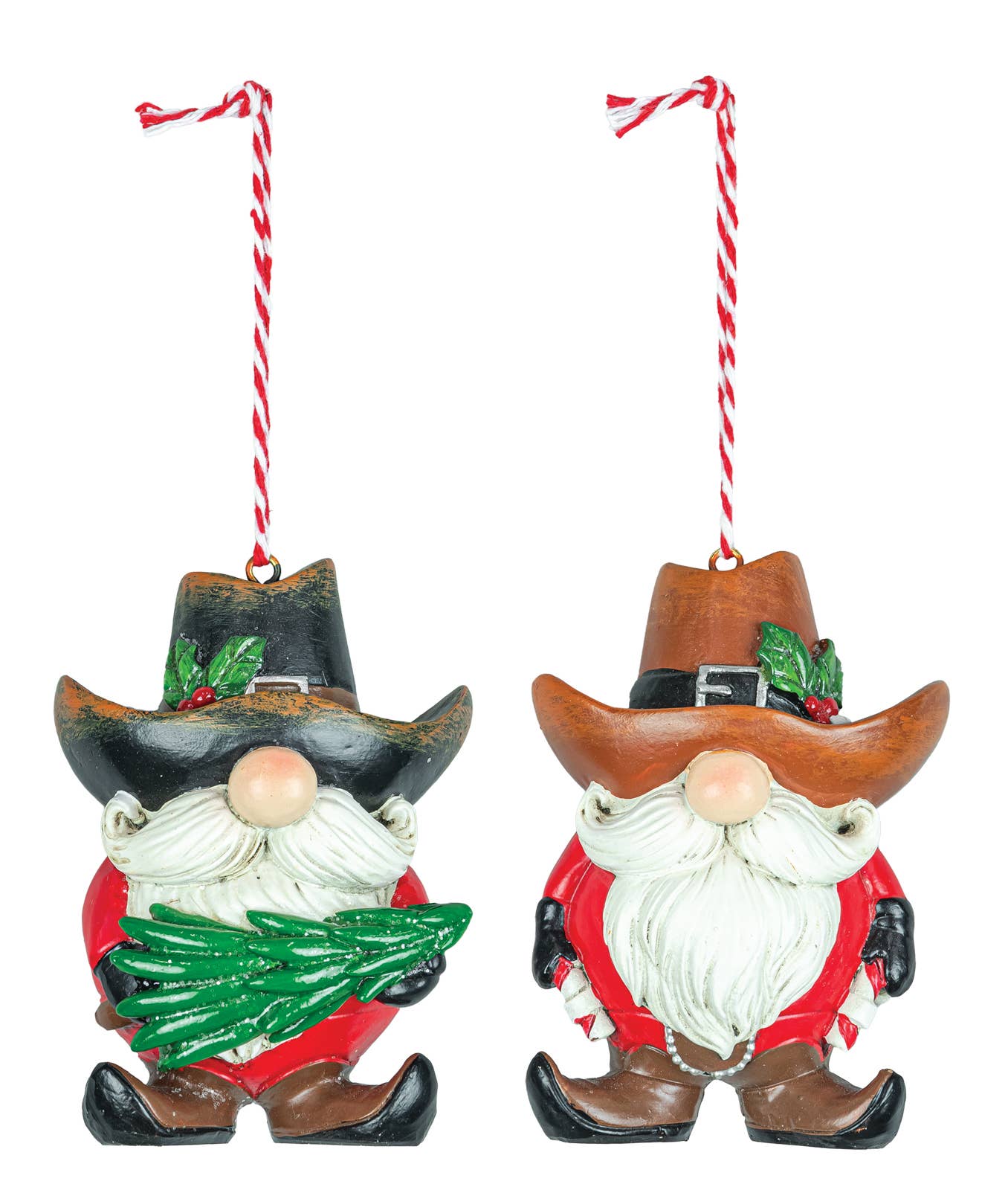Add Western charm to your holiday décor with the Cowboy Gnome Ornament set—two Santa-style gnome ornaments, each with hats, red outfits, and white beards, hanging from a red and white striped string. One holds a small Christmas tree.