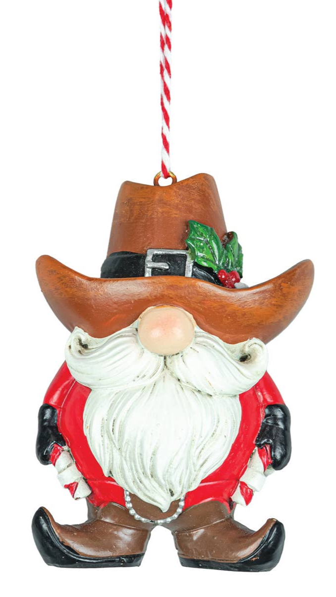 Add Western charm to your holiday décor with the Cowboy Gnome Ornament (2 Styles)—a bearded gnome in a cowboy hat, red coat, and black boots, hanging from a festive string. A unique Christmas ornament for your tree!.