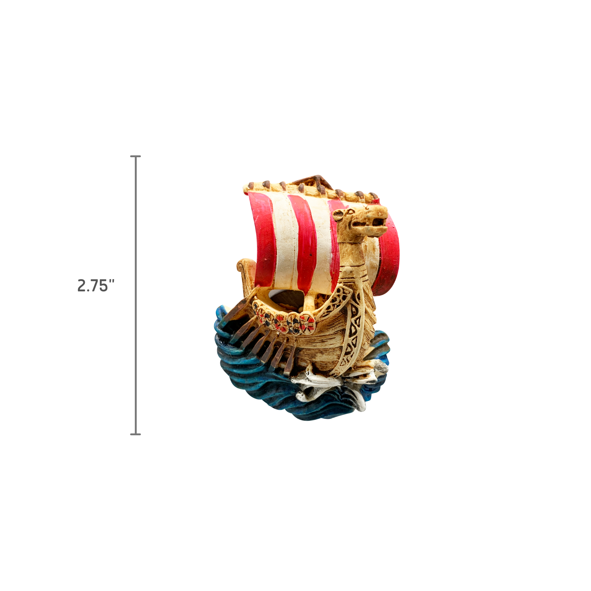 Small Viking ship refrigerator magnet with red and white striped sail, dragon-shaped prow, blue waves, and handy thermometer. Measures 2.75" tall—perfect as a Scandinavian souvenir or Viking-themed gift.
