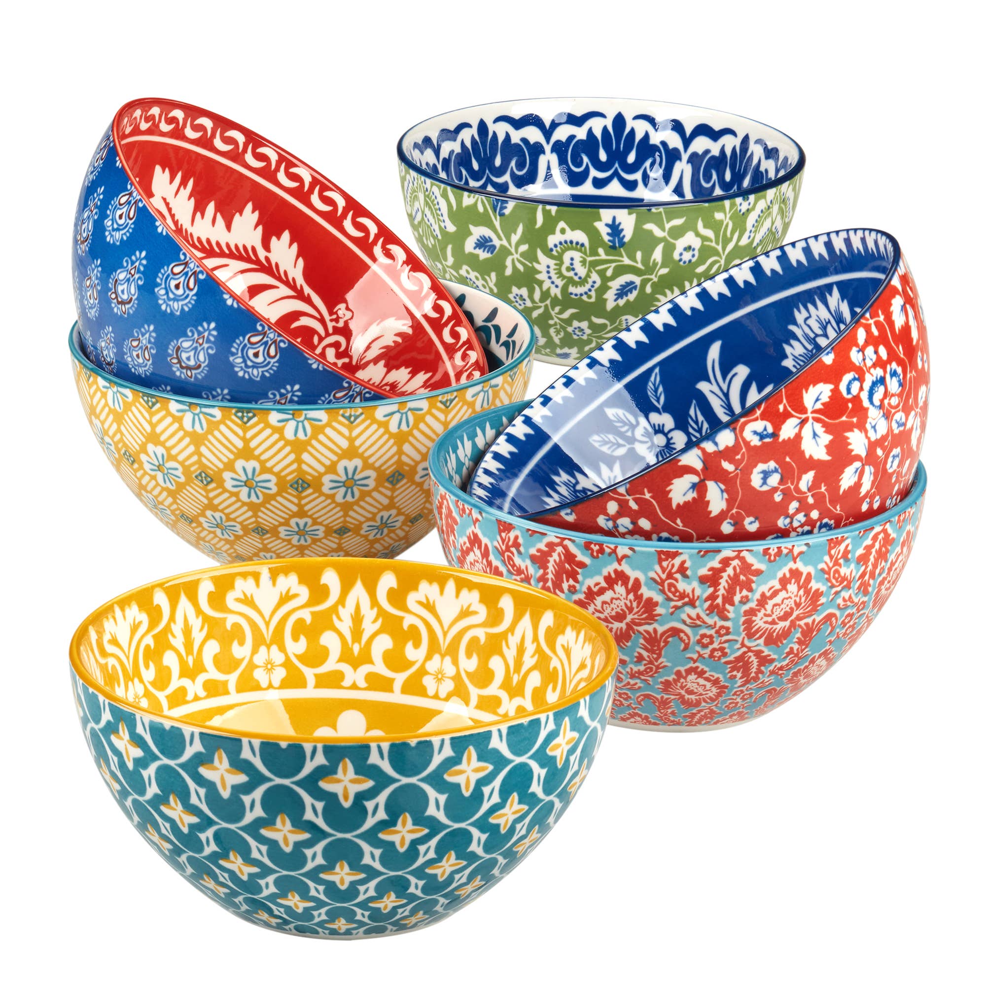 The Bowls: Multi-Color Patterned Porcelain All Purpose Bowl 6.25in 6 set includes six porcelain bowls, each with a unique vibrant floral or geometric design in blue, red, yellow, and green—ideal for any occasion.