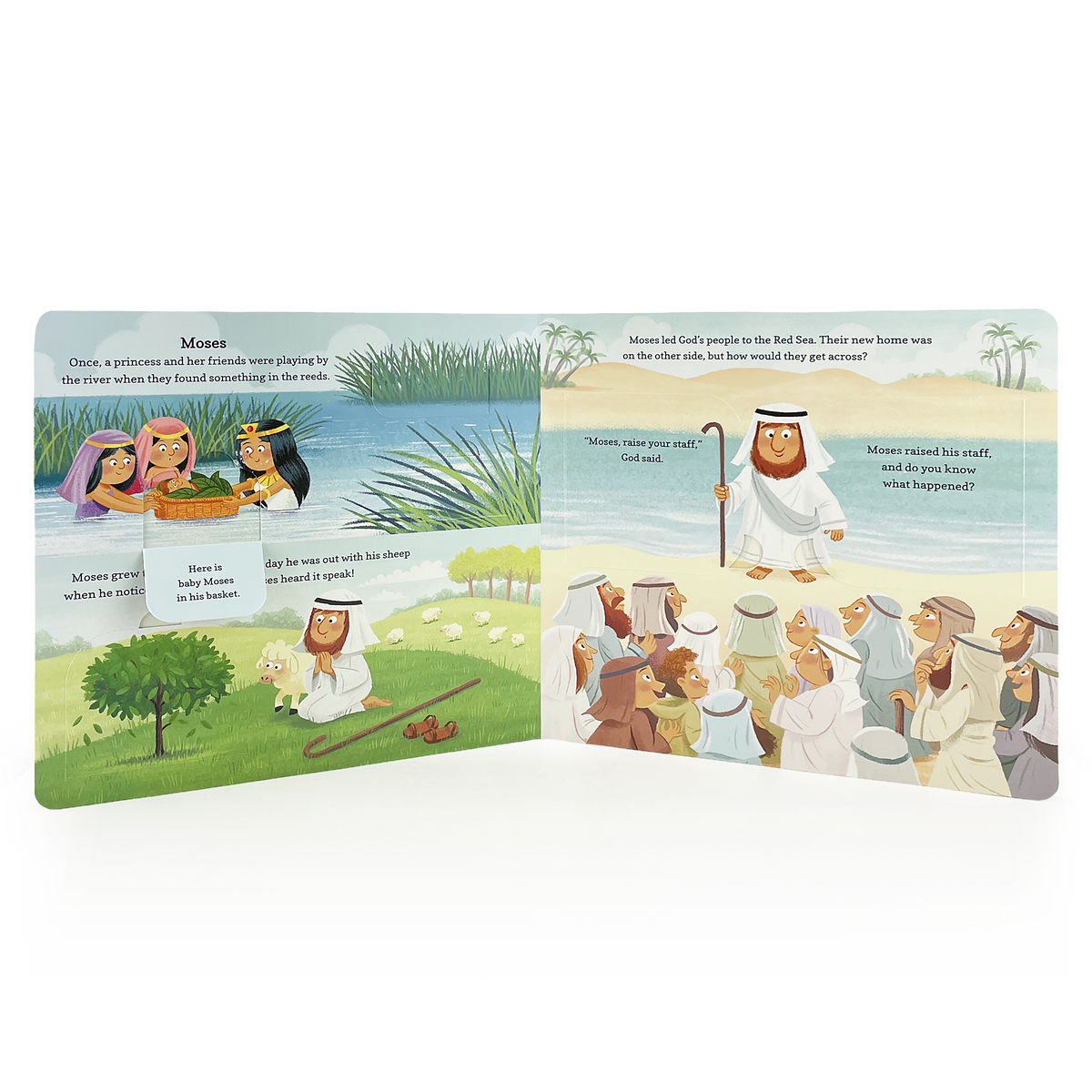 The Book: Best-Loved Bible Stories Lift-a-Flap Board Book features illustrated tales like baby Moses in a basket by the river and Moses parting the Red Sea before a crowd.