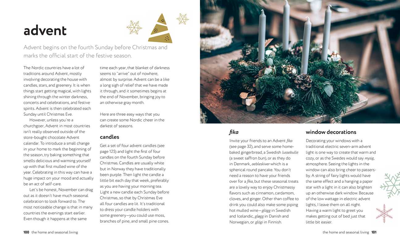 A magazine spread features the Book of Nordic Self-Care by Elisabeth Carlsson, exploring Advent traditions like fika, candles, window decorations, tree illustrations, and unique winter wellness practices from Nordic countries.