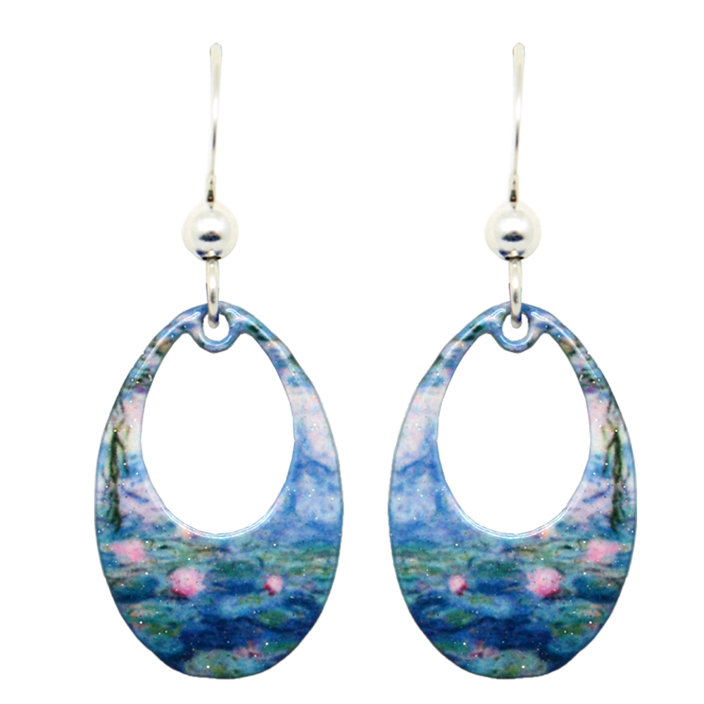 A pair of oval drop earrings, The Lillies Artwork by Claude Monet, featuring a blue and pink watercolor-style design, hypoallergenic silver hooks, and small silver beads.