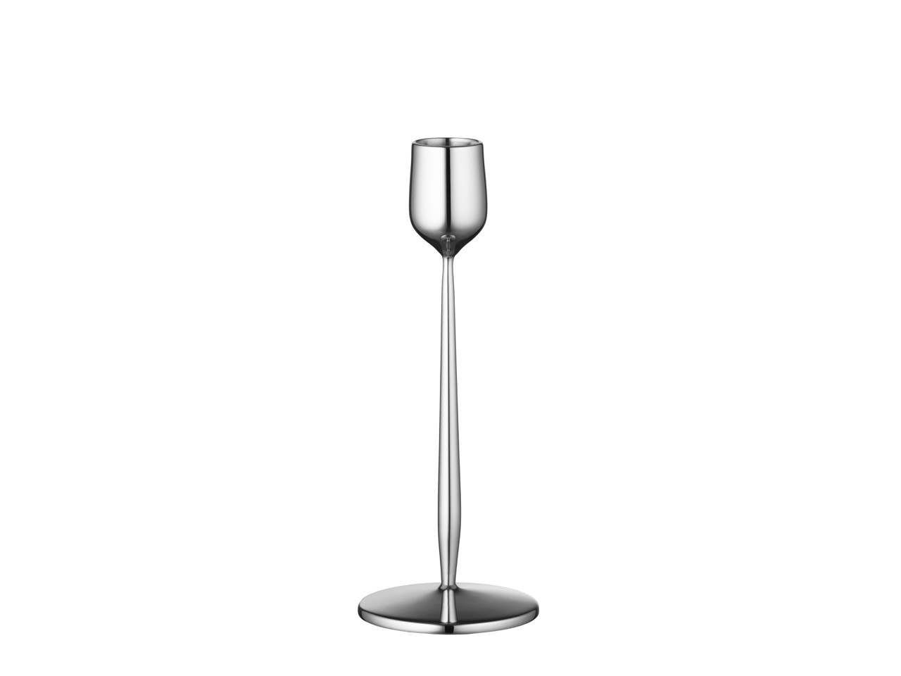 The Gense Dorotea Candle Holder, 2.7 x 7 in polished recycled steel, features a tall, slender stem and wide circular base designed by Monica Förster, shown against a white background.
