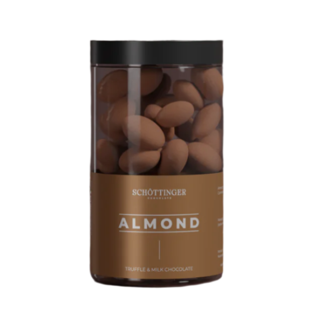 A clear jar with a black lid holds Schottinger Chocolate Almonds in Truffle Chocolate (250g) 8.82oz.