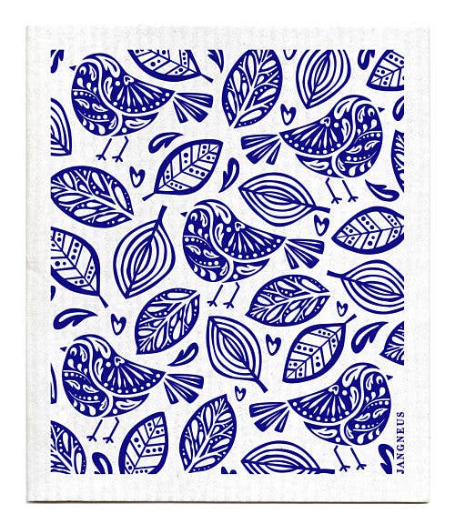 Introducing the "Dish Cloth: Robins Blue Swedish Dish Cloth," a biodegradable napkin adorned with a delightful pattern of birds, leaves, and small hearts in blue and white. This eco-friendly cloth offers exceptional absorbency while adding a natural charm to your kitchen.