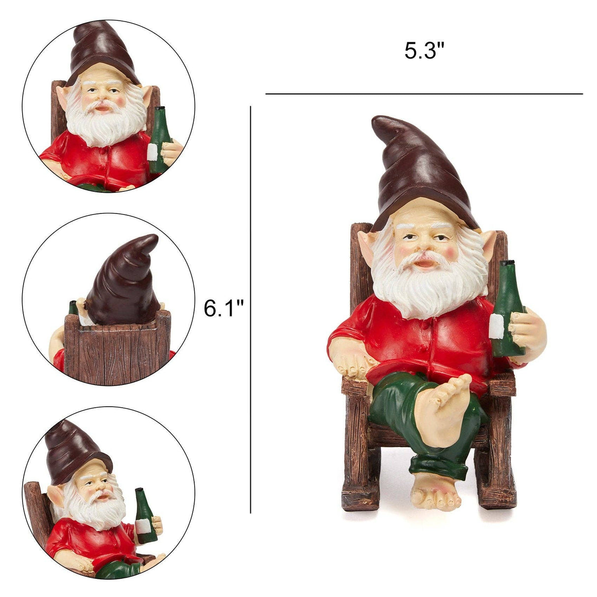 Gnome figurine wearing a red shirt and green pants sits barefoot on a wooden chair, holding a bottle; measures 6.1 inches tall by 5.3 inches wide.