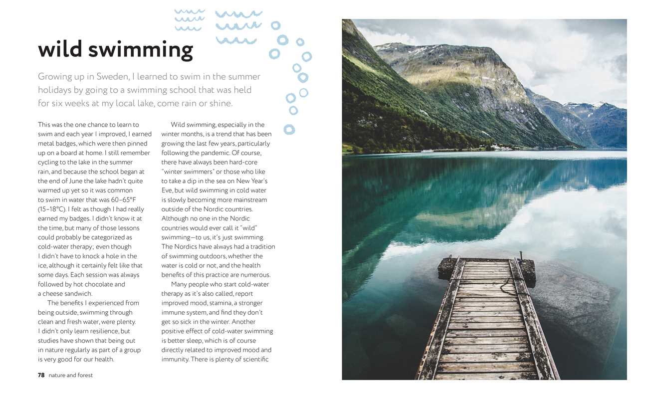 A wooden dock extends into a calm lake framed by mountains and trees under a cloudy sky; text about the Book of Nordic Self-Care by Elisabeth Carlsson (Hardcover, 144 pages, English) and wild swimming appears on the left.