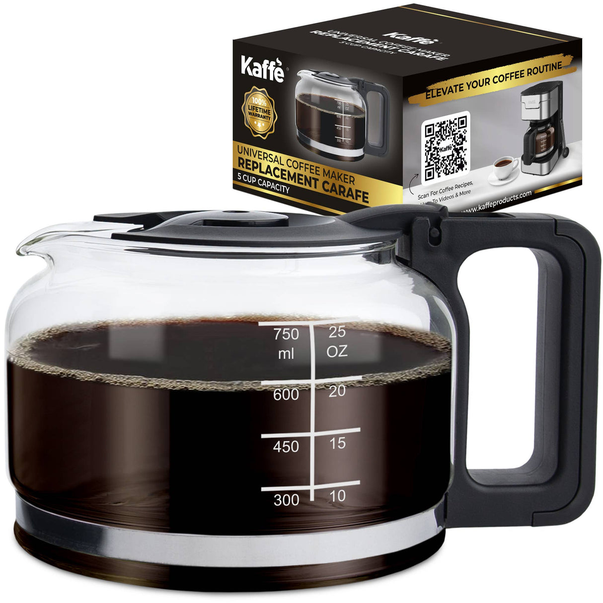 A Kaffe Universal Replacement Coffee Carafe—5-Cup Durable Glass Pot filled with coffee sits in front of its box, which features product info and images of the replacement carafe and compatible 5-cup coffee makers.