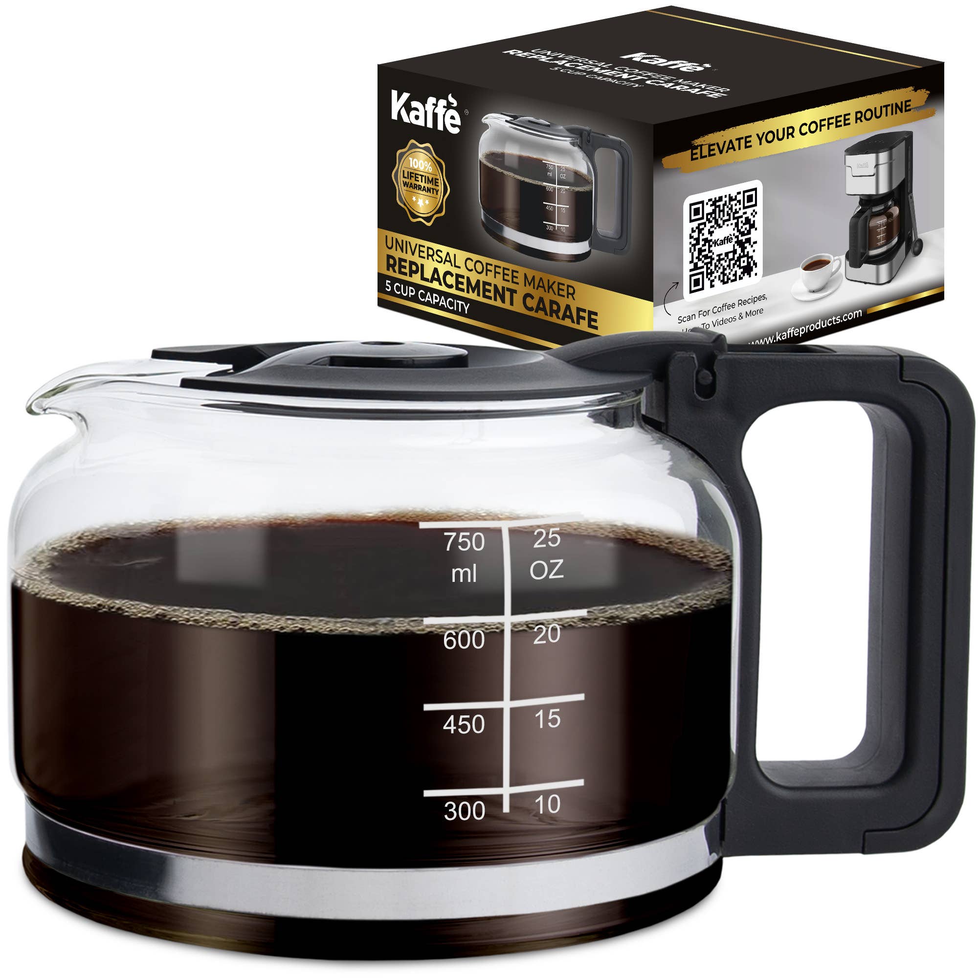 A Kaffe Universal Replacement Coffee Carafe—5-Cup Durable Glass Pot filled with coffee sits in front of its box, which features product info and images of the replacement carafe and compatible 5-cup coffee makers.