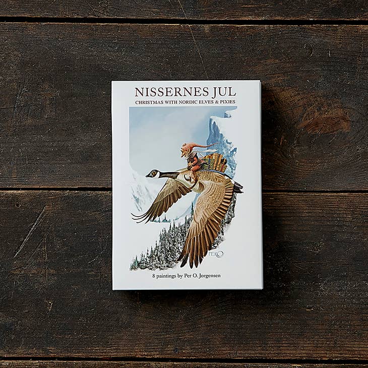 Card Pack: Nissernes Jul Christmas with Nordic Elves & Pixies by Koustrupco—includes 8 different cards with envelopes, each featuring charming Nordic elf and pixie art, perfect inspiration for Scandinavian Christmas cards.
