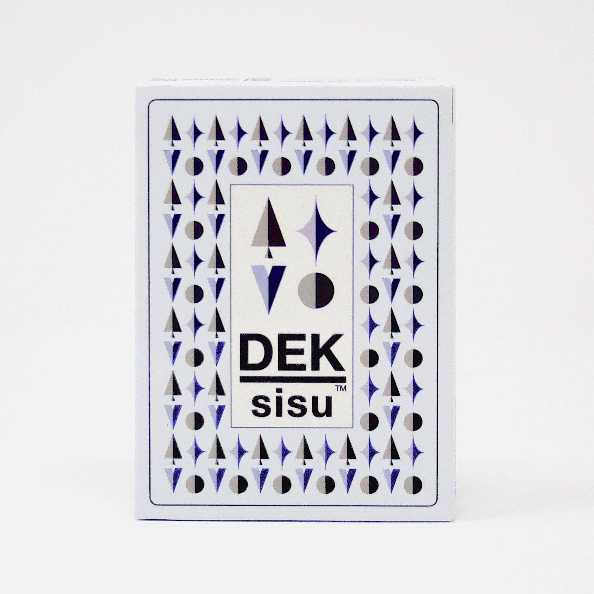 Playing card deck box labeled "DEK Sisu (Finland)" on the front, adorned with a pattern of black and blue geometric shapes representing the Finnish concept of determination.