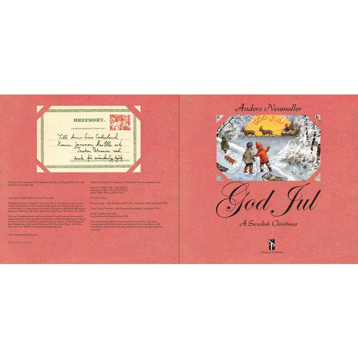 Book cover with Swedish title, children playing in snow, and a Christmas postcard illustration on a red background.