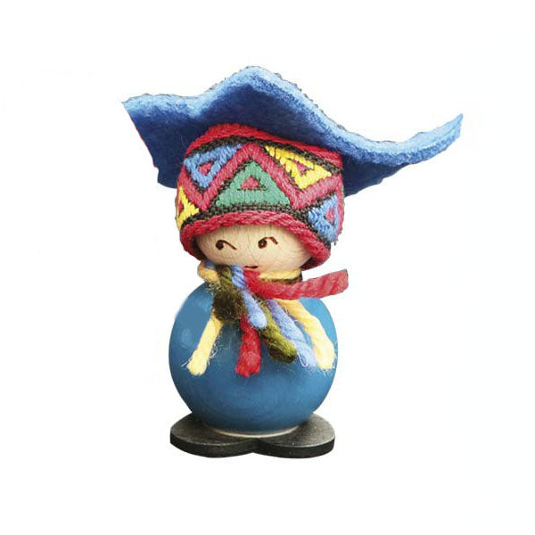A 2.5" Lapland Wood Santa figurine with a blue hat and multicolor trim stands on a black base—a handcrafted Finnish holiday figure perfect for Nordic Christmas decor.