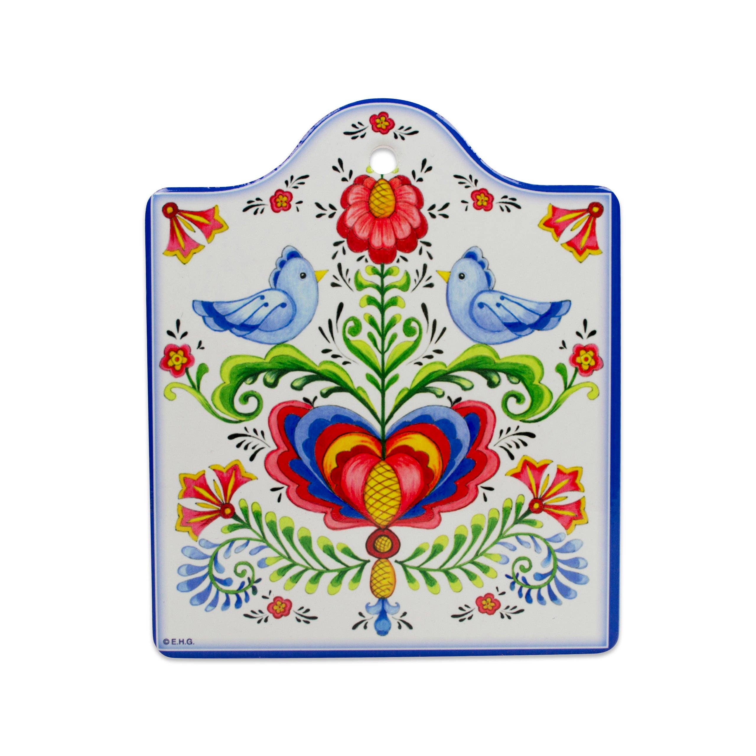 Add Scandinavian charm to any space with the Tile: Lovebirds Folk Art Cork Backed Ceramic Cheeseboard, featuring a Swedish folk art design with love birds, red and yellow flowers, and green leaves on a white background.