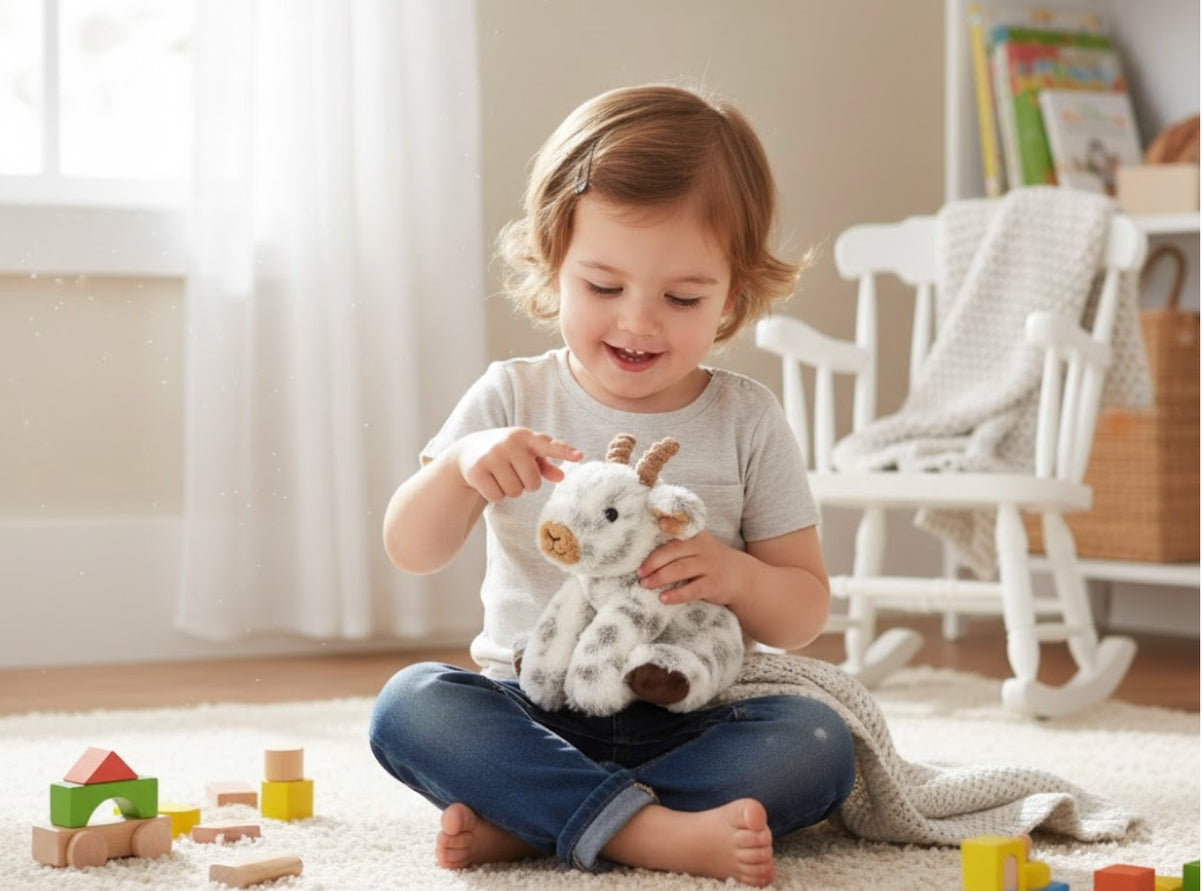 A young child sits on a carpeted floor, smiling while holding and playing with the Faire - The Petting Zoo Plush: Goat 9″ Tall Stuffed Animal. Wooden blocks and a rocking chair are in the background, adding to the cozy scene.