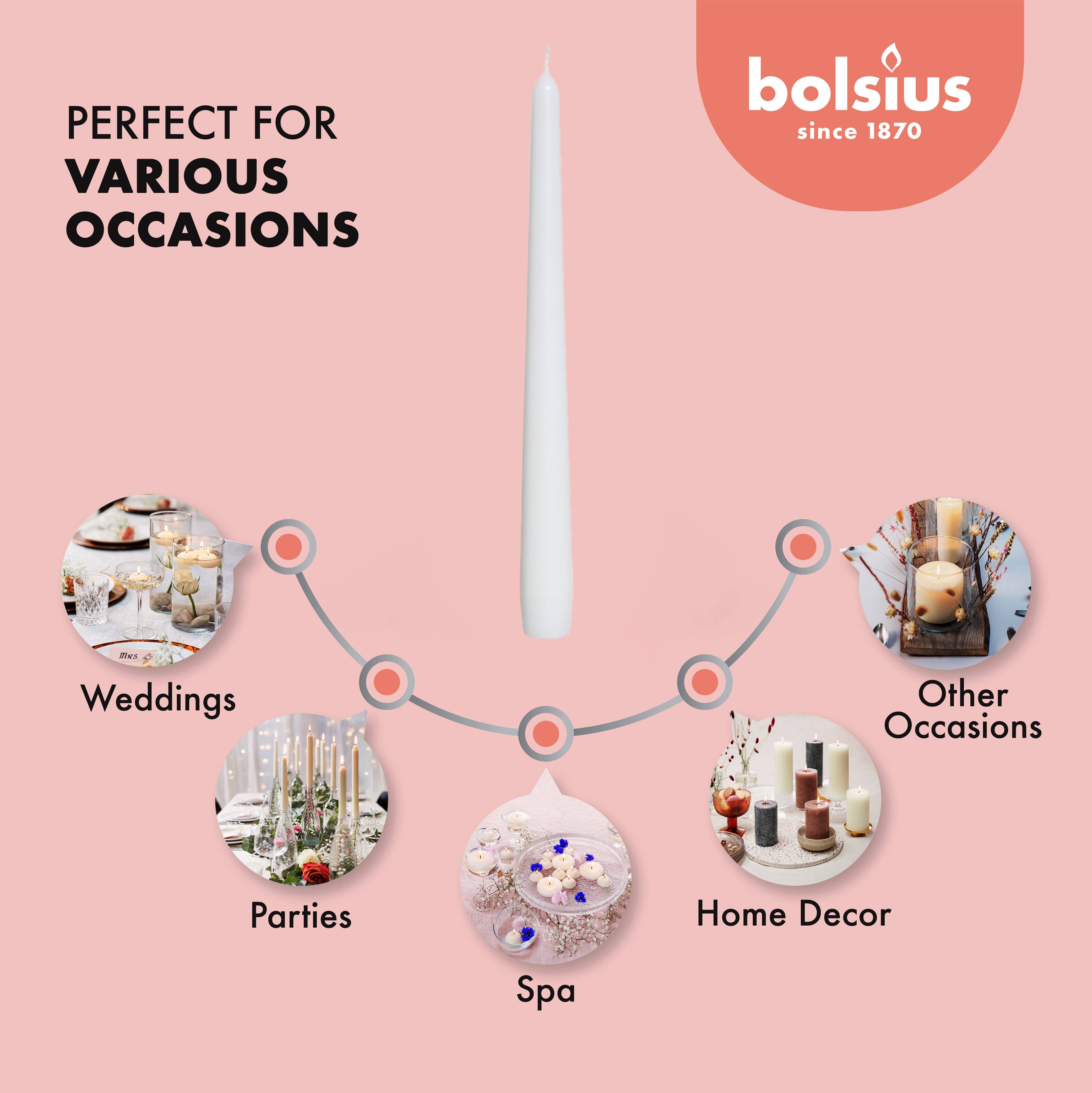 A 10-inch tall white unscented Bolsius taper candle is centered, with icons for weddings, parties, spas, decor; dripless design ensures clean use.