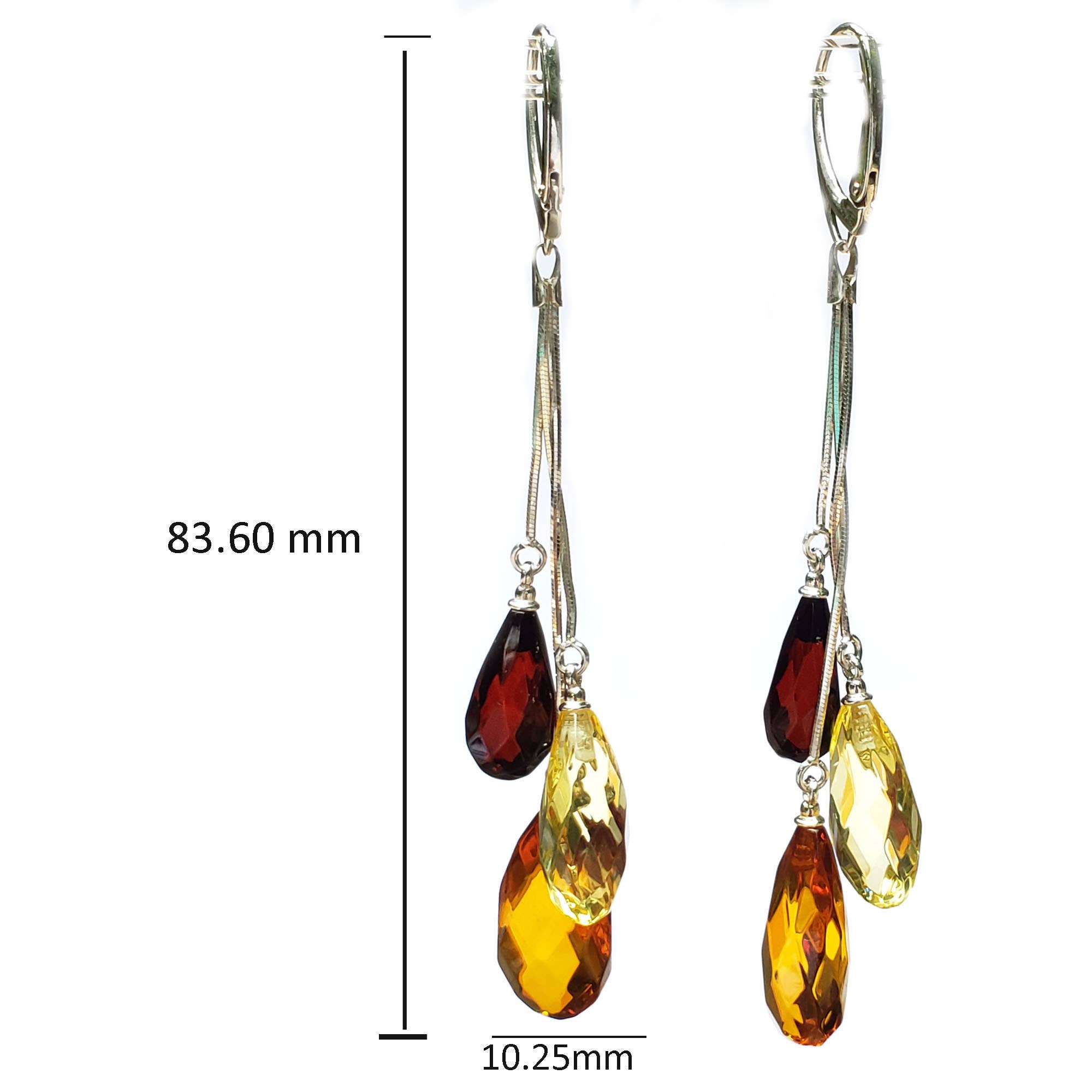 The Earrings: Faceted Multicolor Amber Earrings On Hooks 3 Stones feature three teardrop-shaped amber gems in red, orange, and yellow on sterling silver; total length is 83.60 mm, width is 10.25 mm.