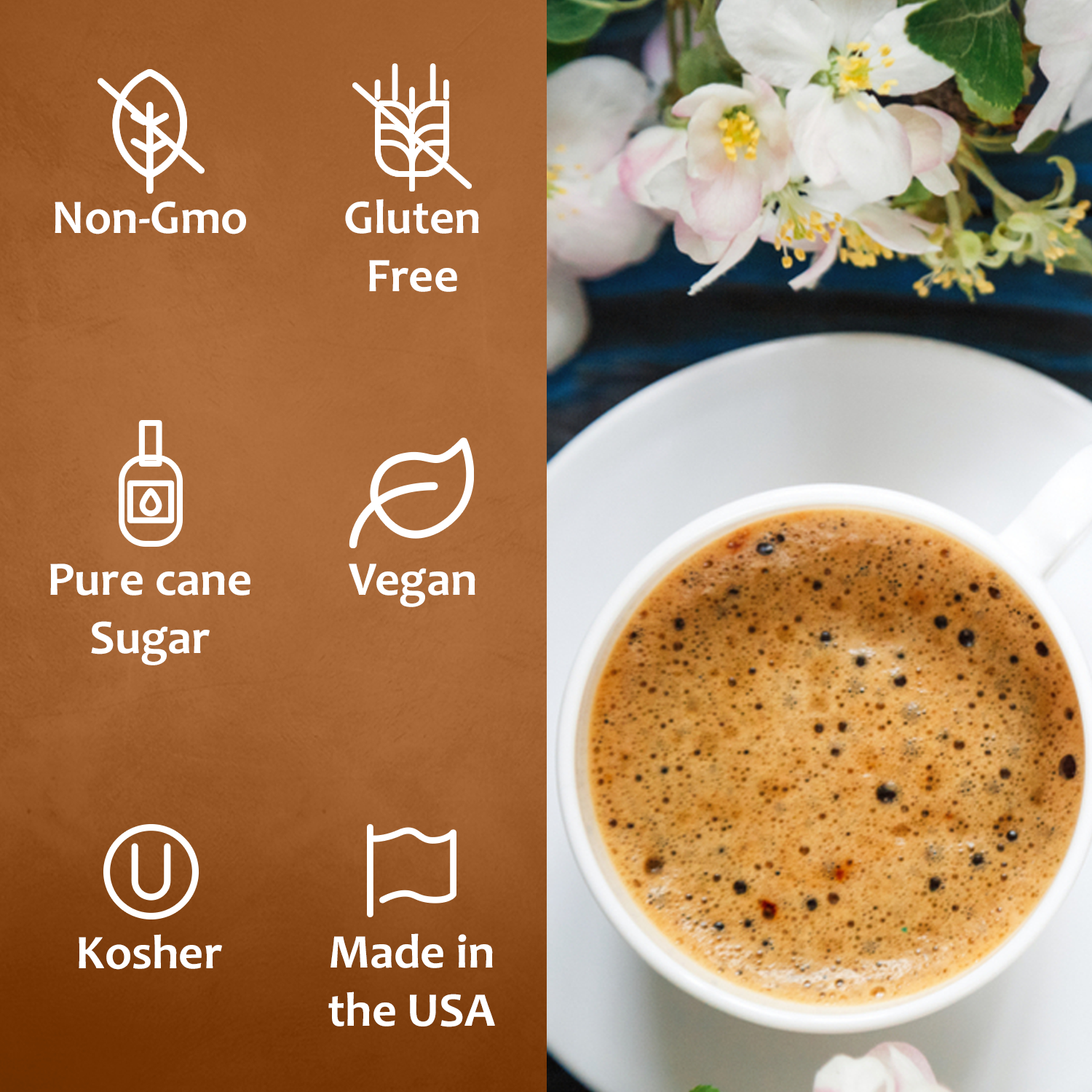 French Vanilla Coffee Syrup by Syruvia with real cane sugar sits in a cup beside flowers; icons show it’s non-GMO, gluten-free, vegan, kosher, made in the USA, and crafted with pure cane sugar syrup.