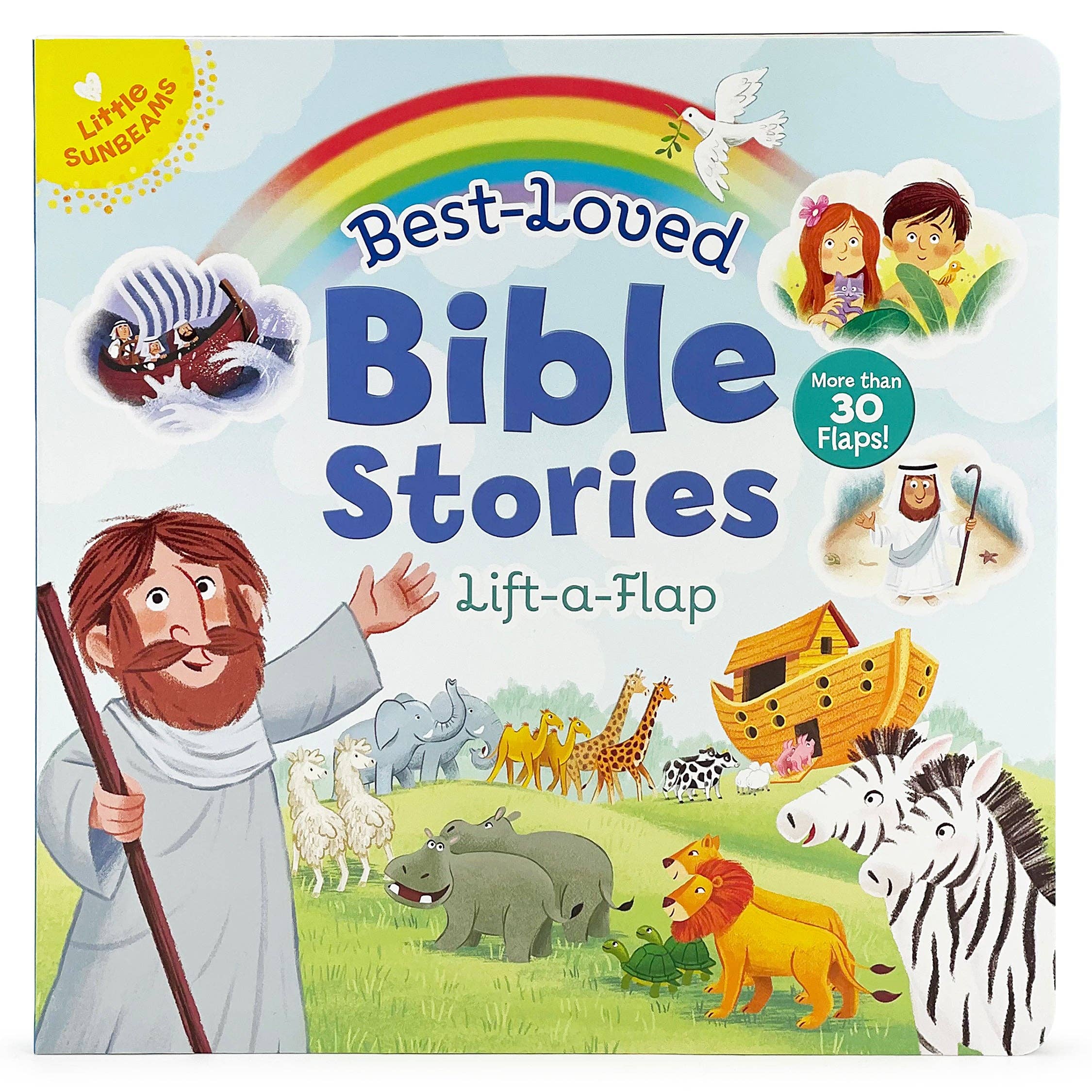 Cover of Book: Best-Loved Bible Stories Lift-a-Flap Board Book, a Christian children's board book featuring Bible stories with Noah, animals, the ark, children, angels, and colorful cartoon illustrations.