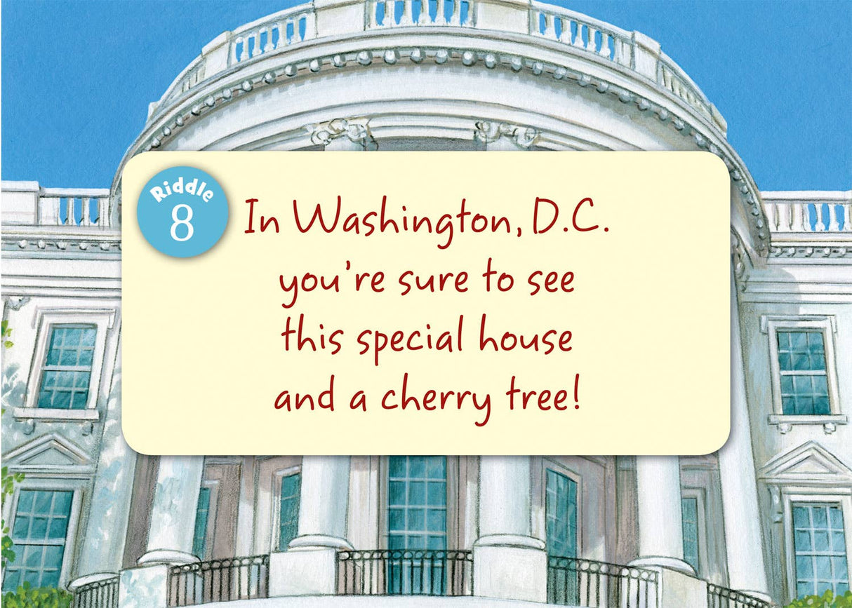 Illustration of a white dome-shaped building with a sign reading, "In Washington, D.C., you're sure to see this special house and a cherry tree!" above the entrance. Find it in the Little America series, celebrated for its delightful rhyming riddles.
