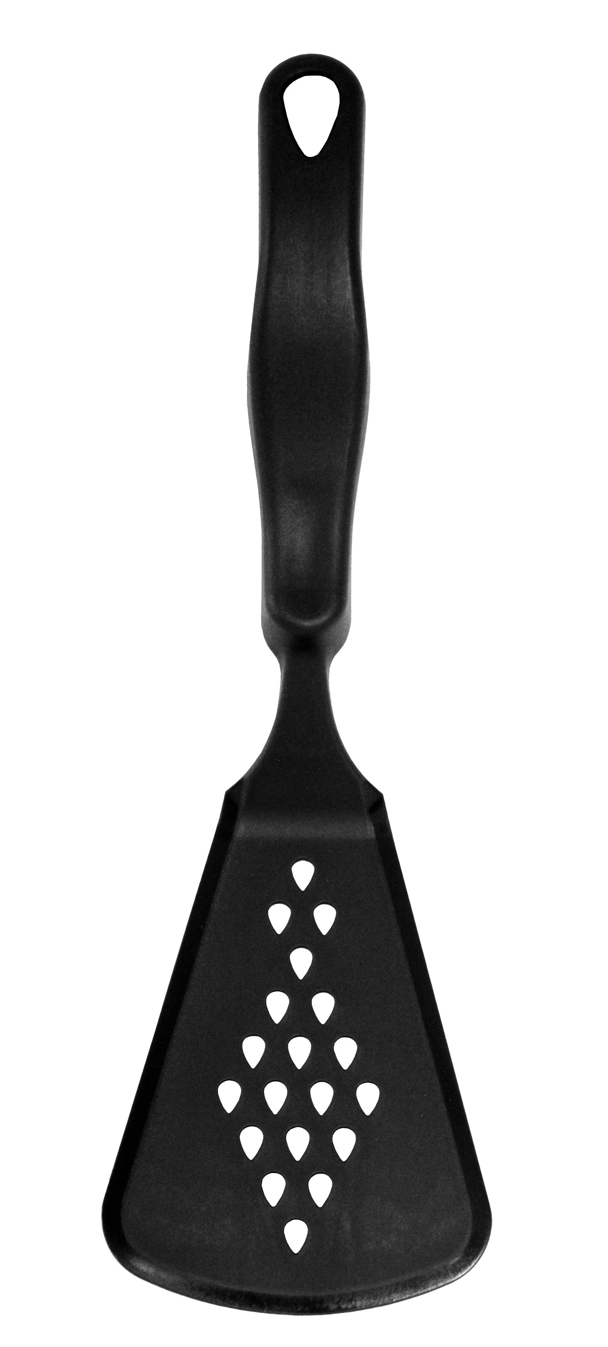 The Gourmaid Wide Turner (Black) is a BPA-free utensil with a triangular head and heart-shaped holes, displayed against a white background.