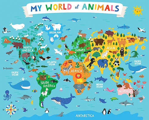 The Puzzle: My World of Animals 36-Piece Floor Puzzle features continents with native animals, ocean creatures, and a sun in the corner; “My World of Animals” is written at the top.