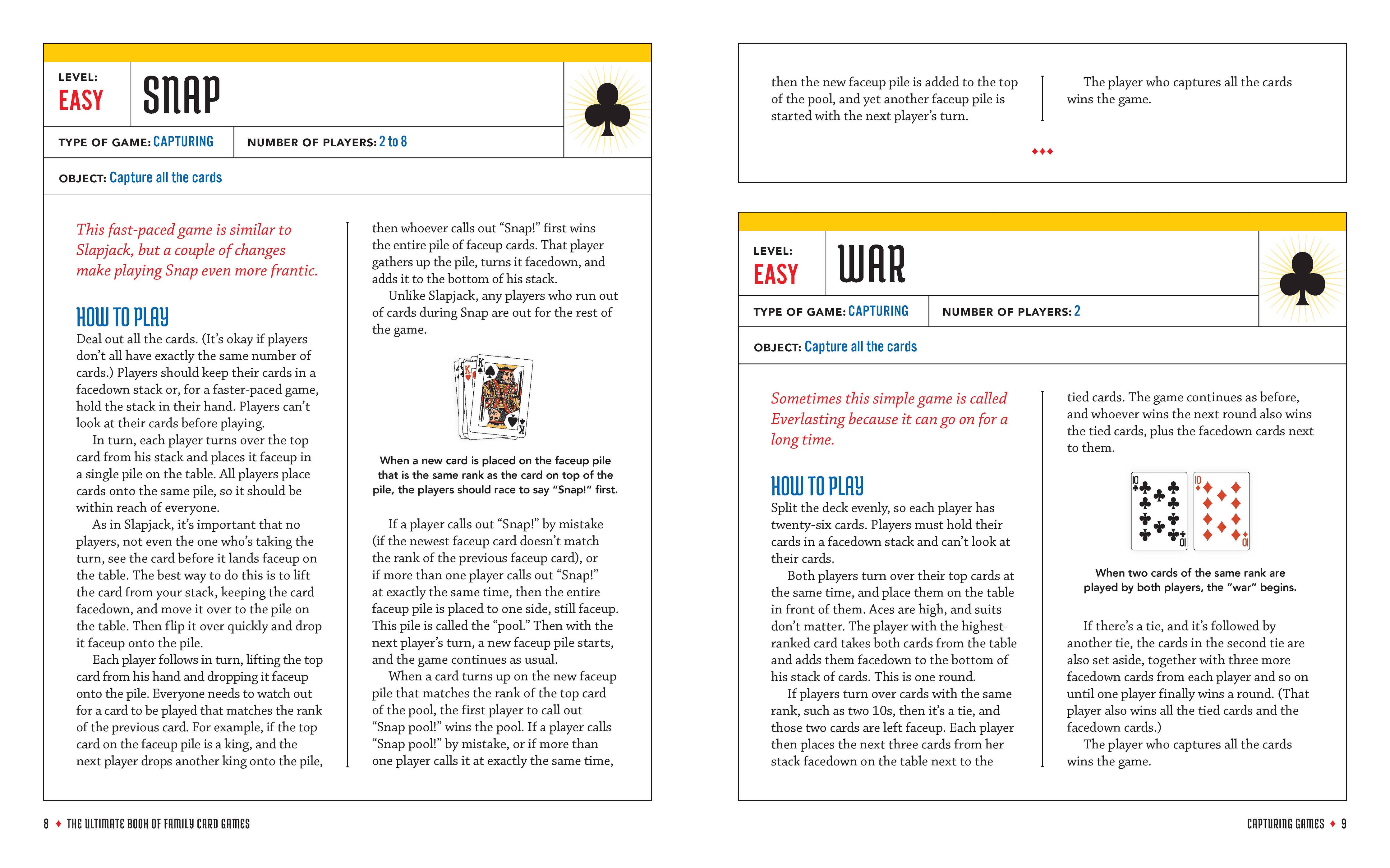 The Ultimate Book of Family Card Games: Over 50 Games! includes instructions for Snap and War, covering objectives, player counts, detailed steps, and sample card images for easy learning.