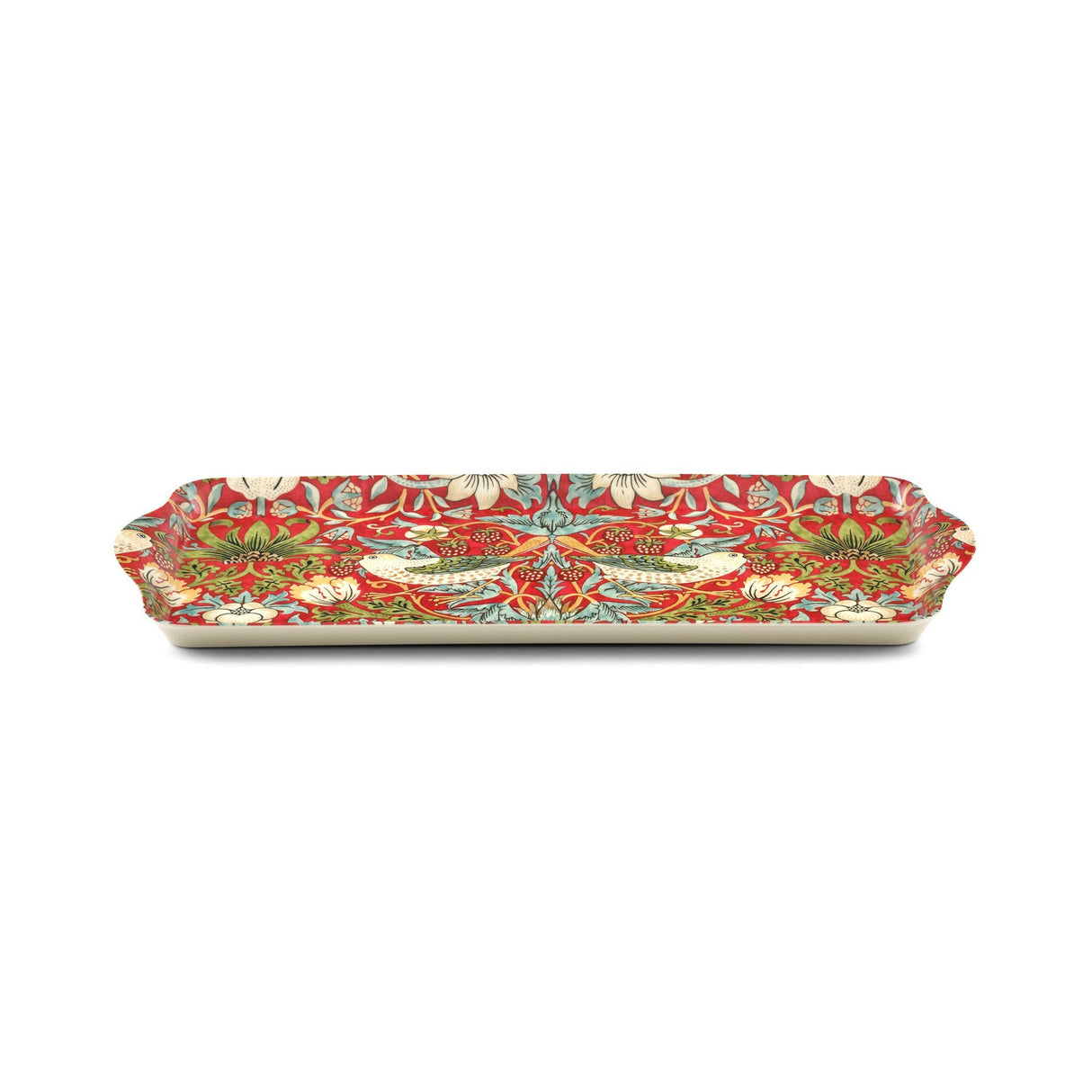 Rectangular ceramic tray with handles, featuring a red floral pattern and two stylized birds in the center based on the Strawberry Thief design.
