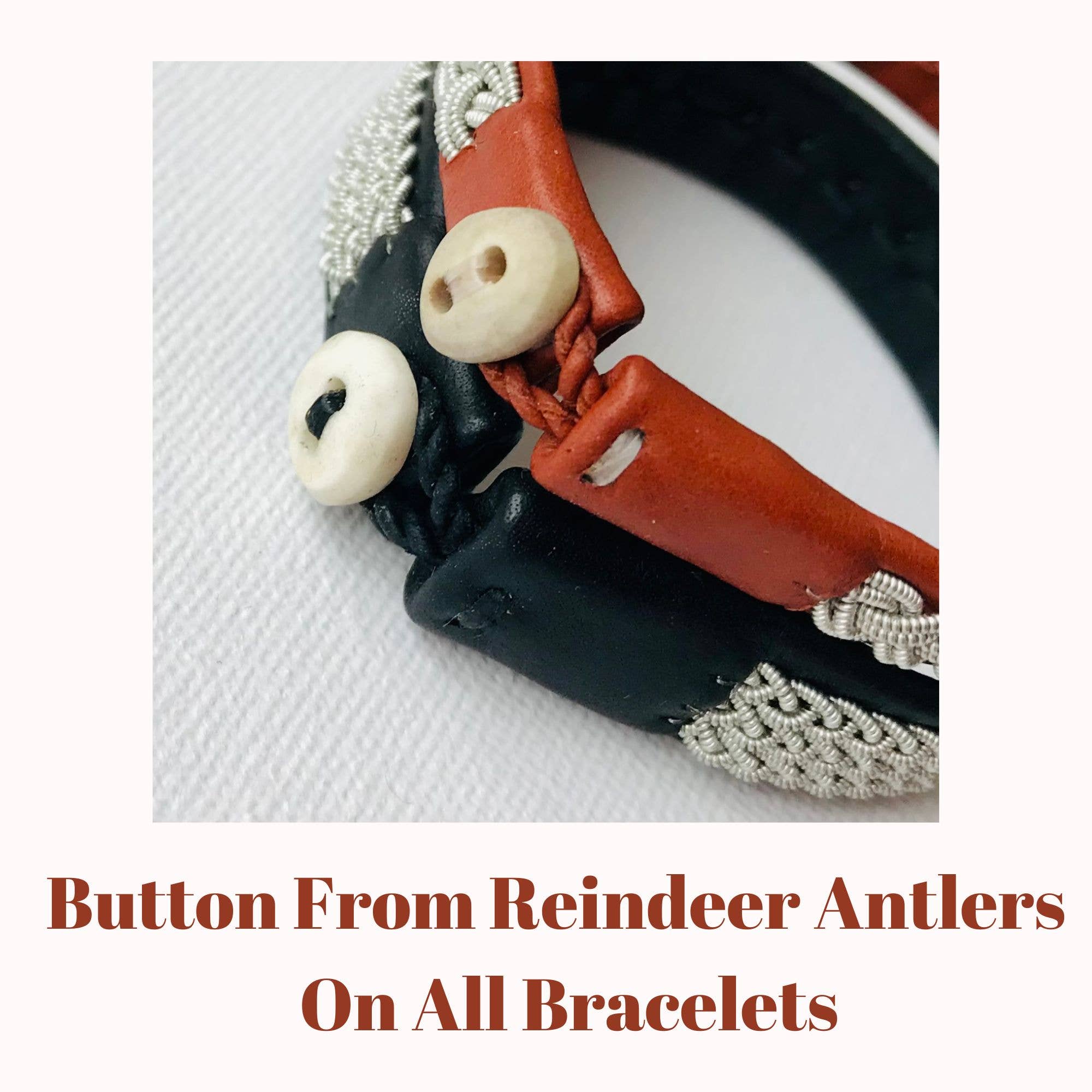 Close-up of the Traditional Sami Single Braid Bracelet - Black #1, handcrafted in Lapland, Sweden with reindeer leather, a braided silver accent, and a round button made from reindeer antlers. Text: Button From Reindeer Antlers On All Bracelets.