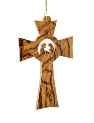 Handcrafted in Bethlehem, the 3.5" Cross with Holy Family Christmas Tree Ornament features a smooth olive wood finish, a carved Holy Family silhouette at the center, and a string loop for hanging—an elegant addition to your home.