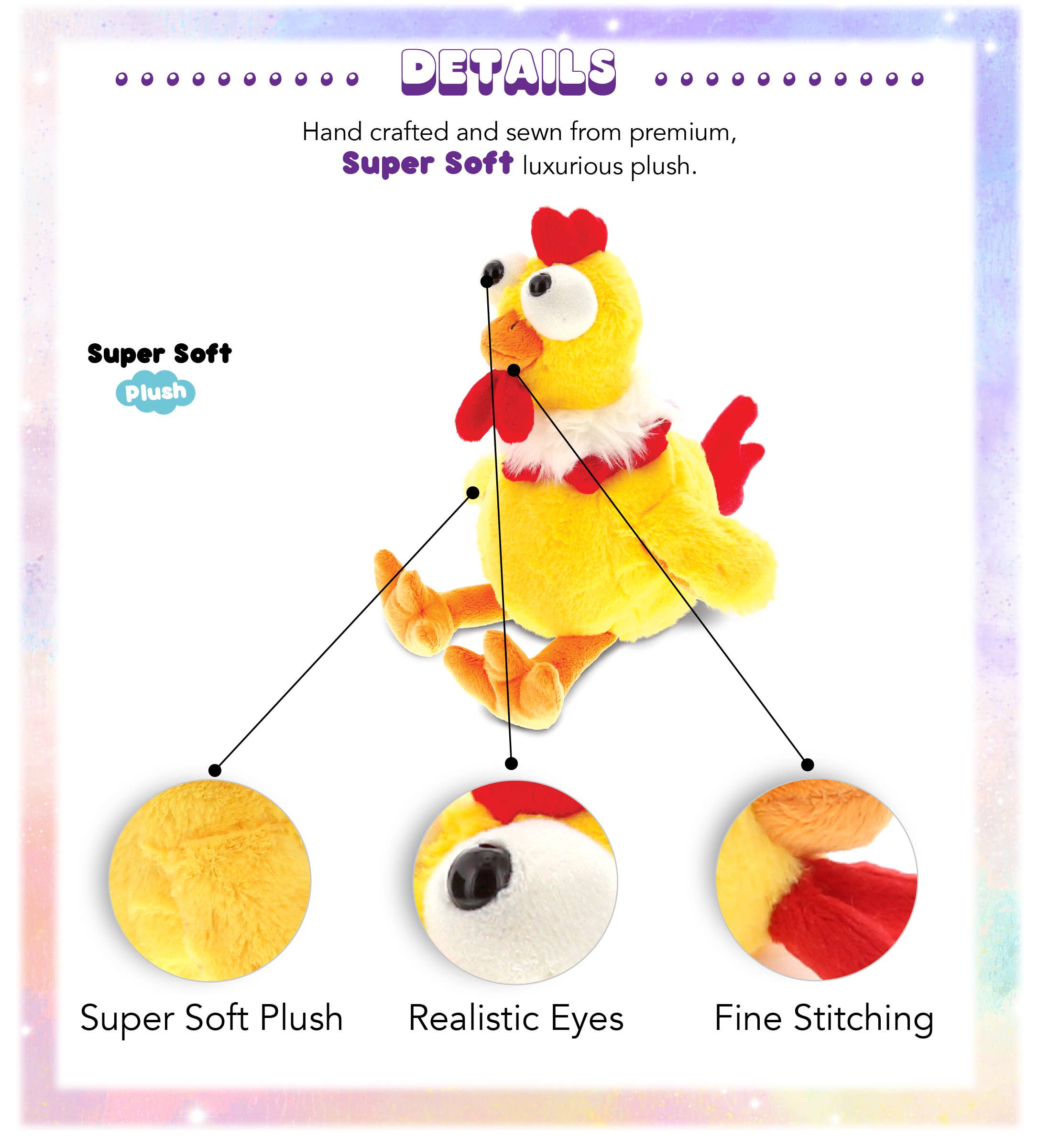The Plush: Super Soft Yellow Rooster Stuffed Animal features ultra-soft material, lifelike eyes, and quality stitching—making it a charming addition to any collection.
