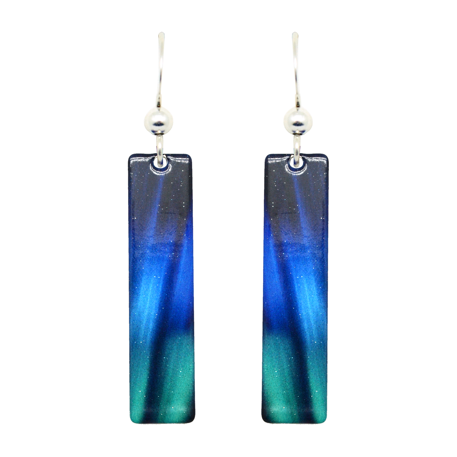Aurora Slender Rectangle Earrings feature a blue and green gradient inspired by the aurora borealis. These handmade, hypoallergenic stainless steel earrings dangle from silver hooks, adding celestial beauty to any look.