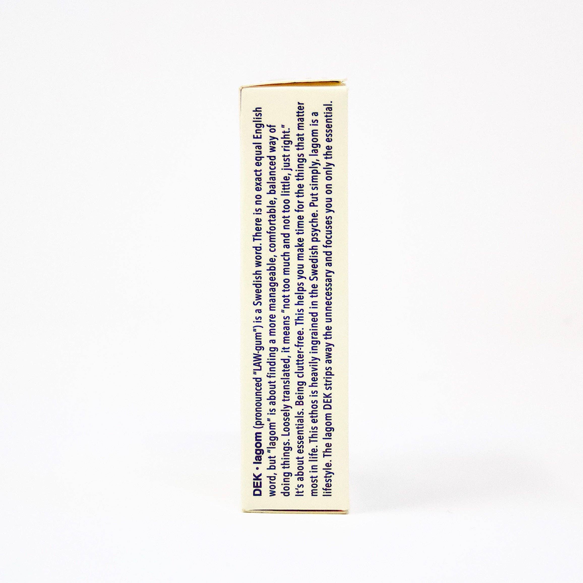 A side view of the **Playing Cards: DEK Lagom (Sweden)** package reveals blue text detailing the product description and features on a white background, capturing the Lagom principle of balanced living.