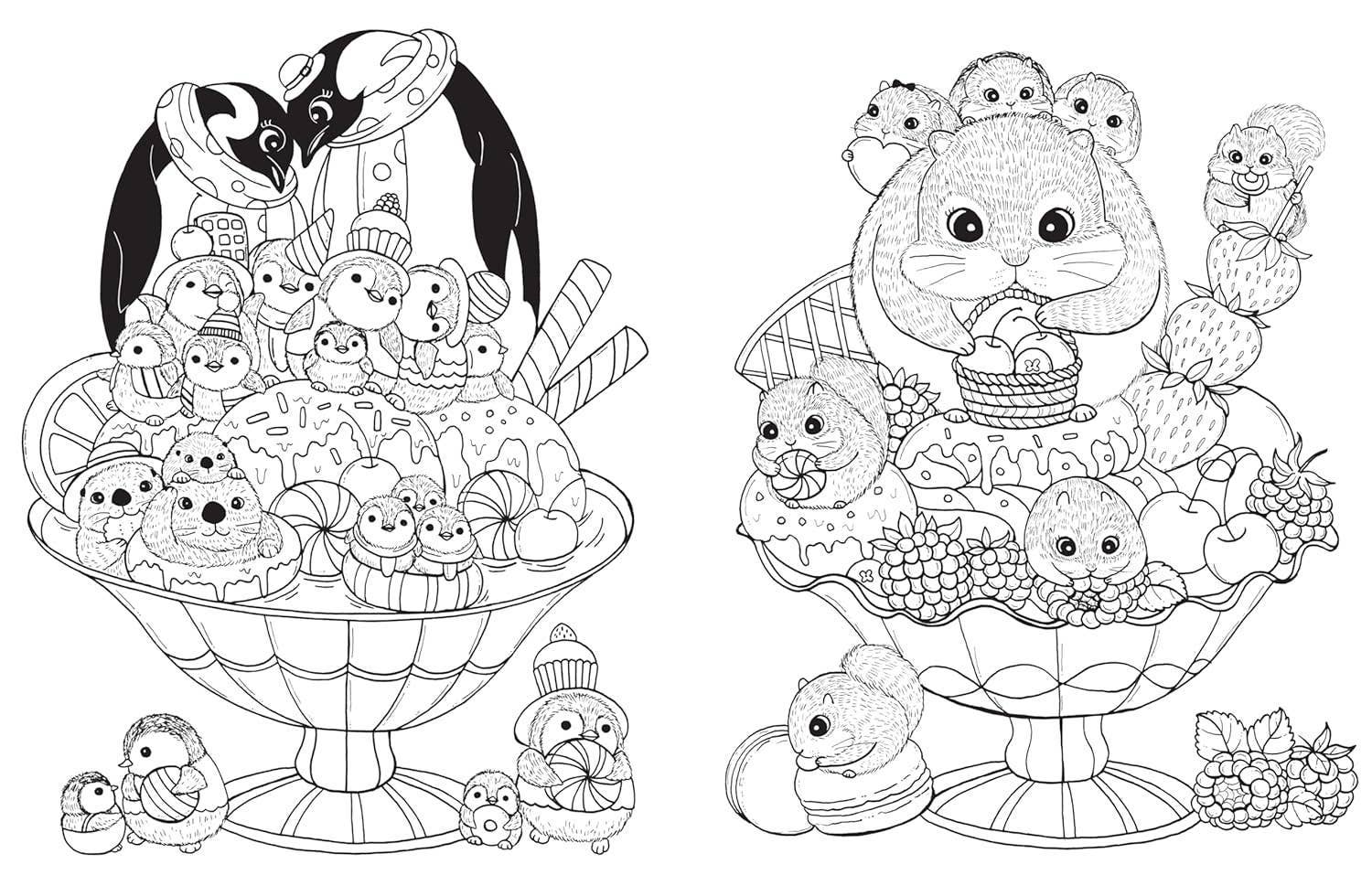Two ice cream bowls with scoops, fruit, and candies topped with cartoon penguins, chicks, and a rabbit—all in the whimsical style of A Million Baby Animals Coloring Book by Lulu Mayo.