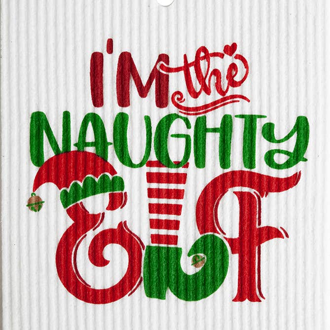 The Dish Cloth: I'm the Naughty Elf Christmas Swedish Dish Cloth features "I'm the NAUGHTY ELF" in red and green letters with elf hat and stocking designs—perfect as a festive, biodegradable Christmas dish cloth.