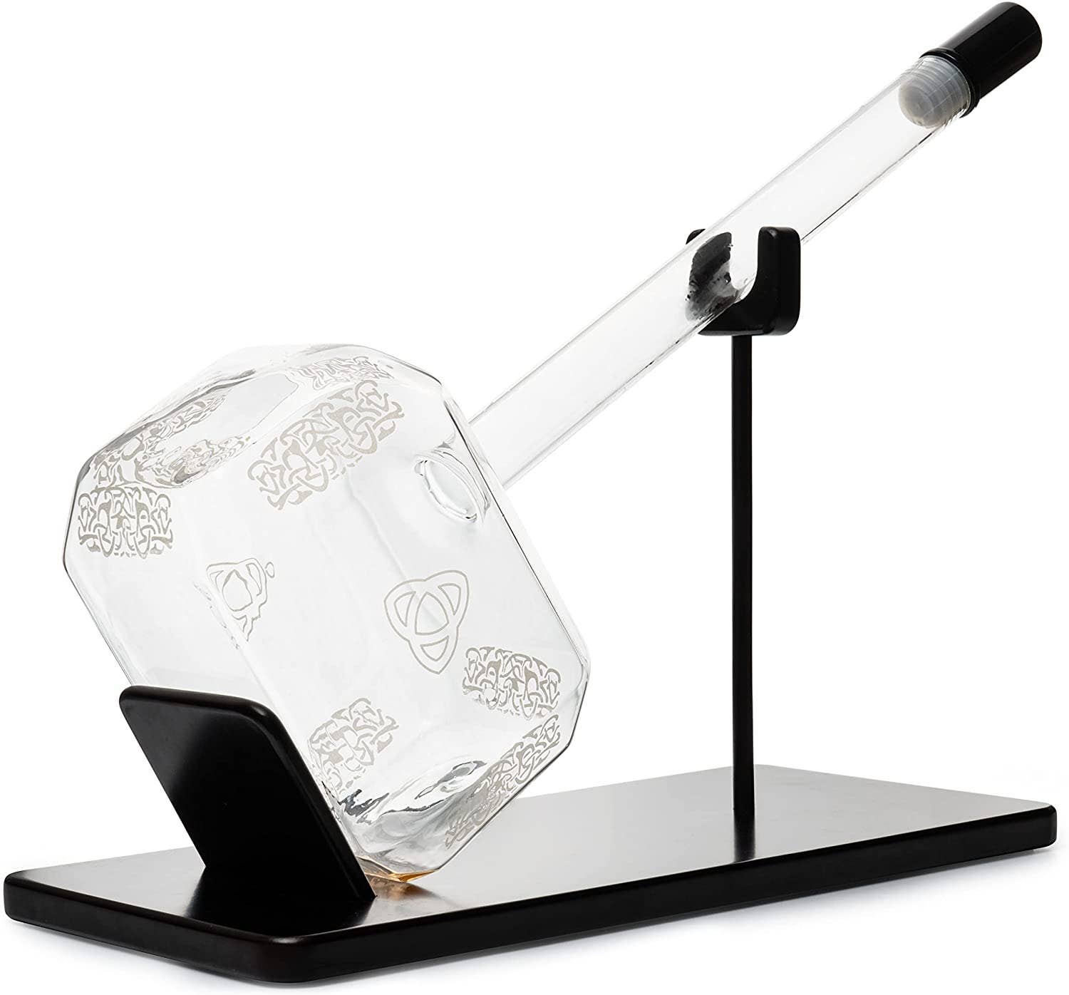 The Thor Hammer Whiskey and Wine Decanter (3500ml) features etched Norse-inspired designs, an angled cube-shaped base, and long neck, and is displayed on a black metal stand.