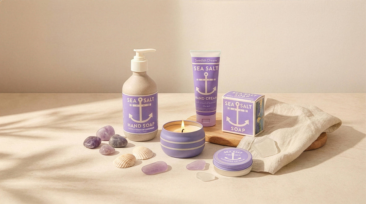 A lavender-themed skincare set featuring Sea Salt Lavender Swedish Dream Bar Soap—Triple Milled Natural Lavender 4 oz—plus hand soap, hand cream, a candle, and a tin, arranged with shells and stones on wood and fabric.